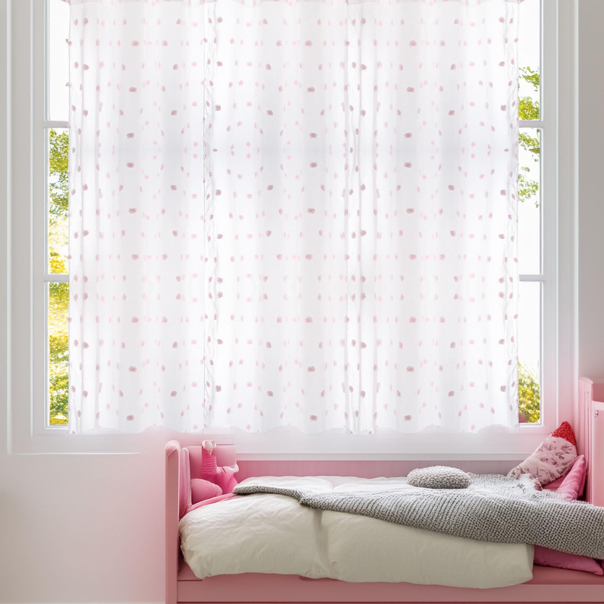 Well Home - Cortina Infantil Pompones Blanca y Rosa
