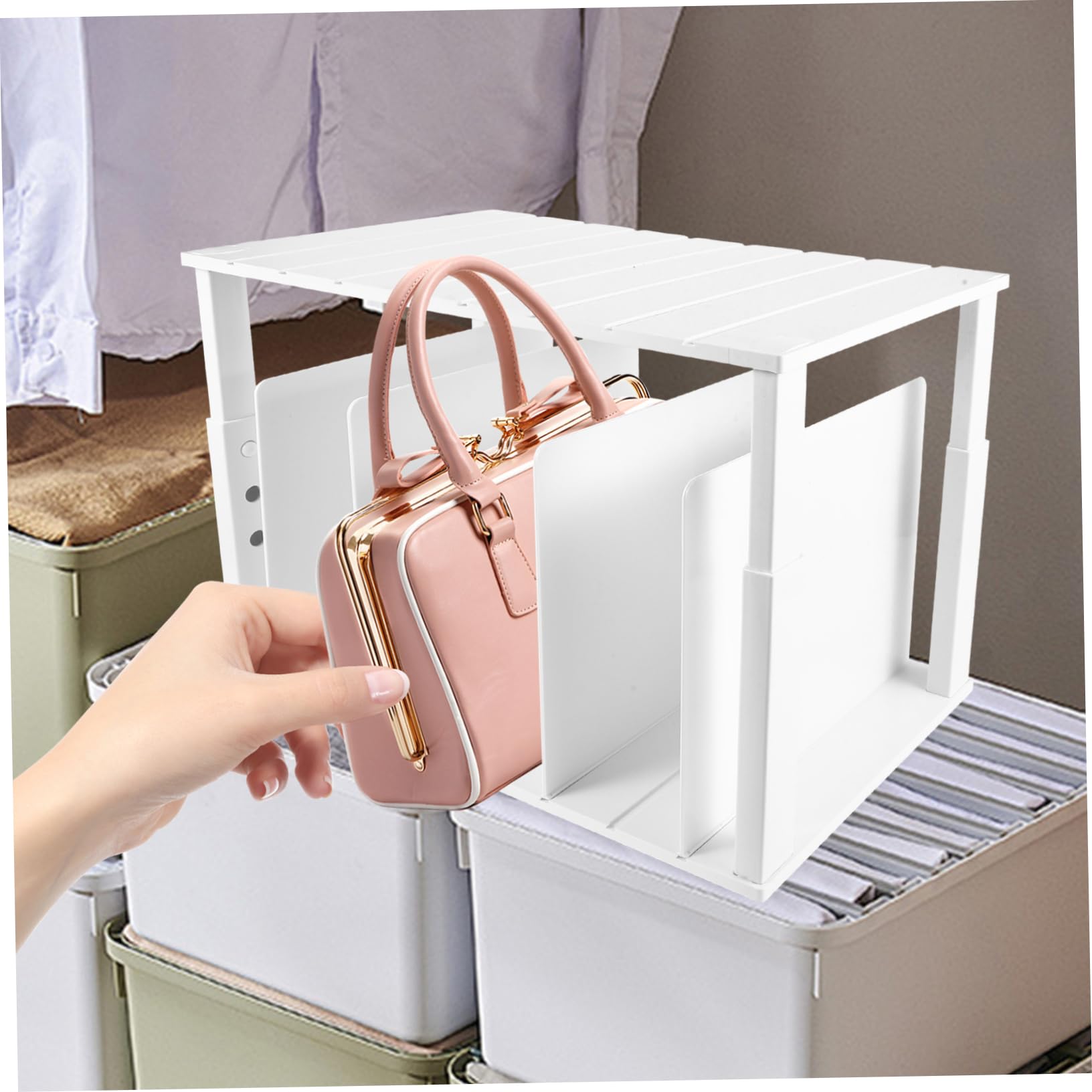 TOPBATHY Caja Organizadora Multifunción para Bolso, Doble Nivel, Blanco | Abs, Separadores Ajustables de 4 Piezas, Bordes Lisos y Redondeados, Diseño Estable Antideslizante