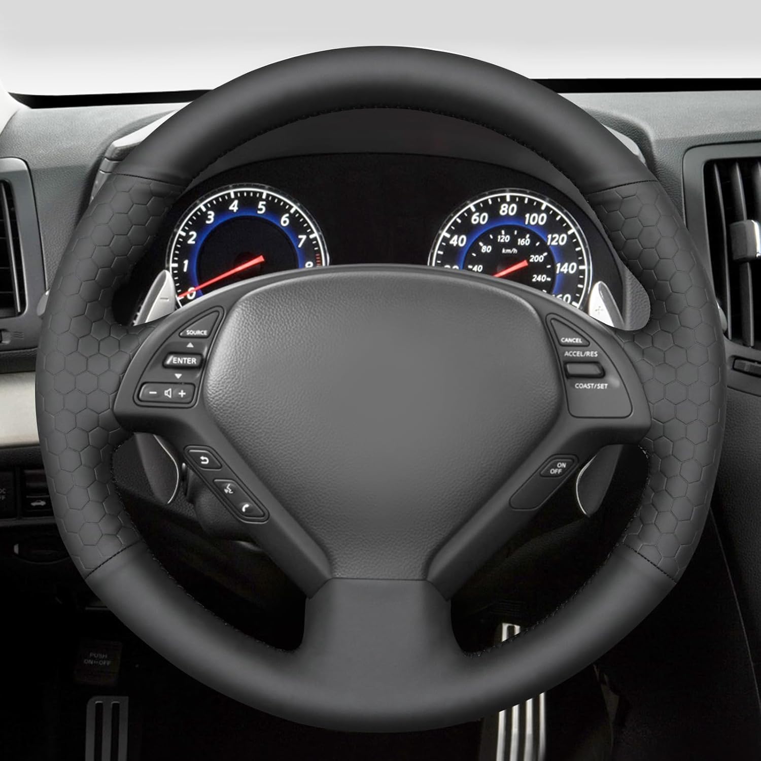 MEWANT Hand Sew Black Solid Embossed Artificial Leather Steering Wheel Cover for Infiniti G25 G35 G37 EX35 EX37 Q60 QX50