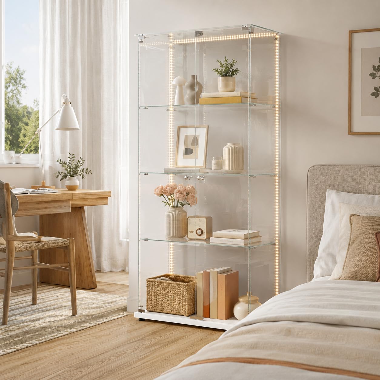 Vitrina de Cristal con LED y Cerradura, Armario Vitrina 78,5 x 35 x 163 cm, Vitrinas de Exposición de 4 Niveles con Estantes Regulables, Mueble Vitrina para Salón, Oficina, Figuras y Libros,Blanco-D