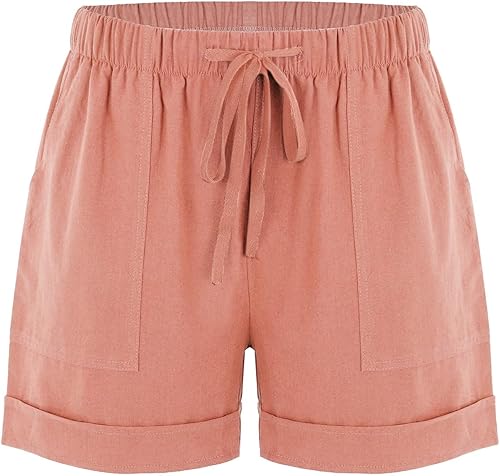 Miniatura 3 de Pantalones cortos con control de barriga con bolsillos, correa de tiro alto, pantalones cortos deportivos activos de algodón elástico de lino sólido