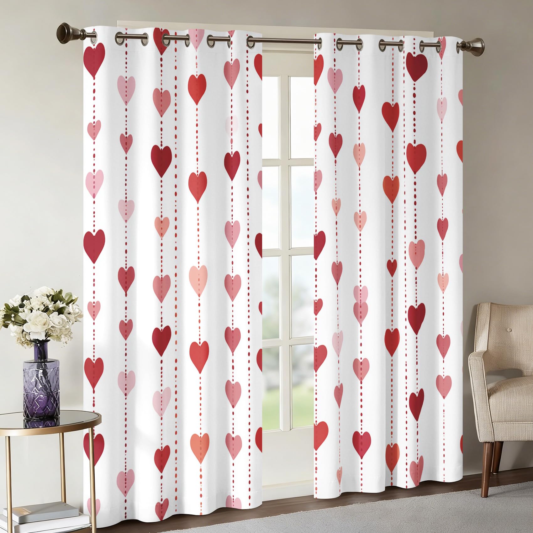 Generisch Rosa Herz Vorhänge Wohnzimmer Schlafzimmer, 95% Blickdicht Vorhang Liebesherz Gardinen mit Ösen, Thermo Verdunklungsvorhänge 2er Set, H175 x B140 cm X&-159