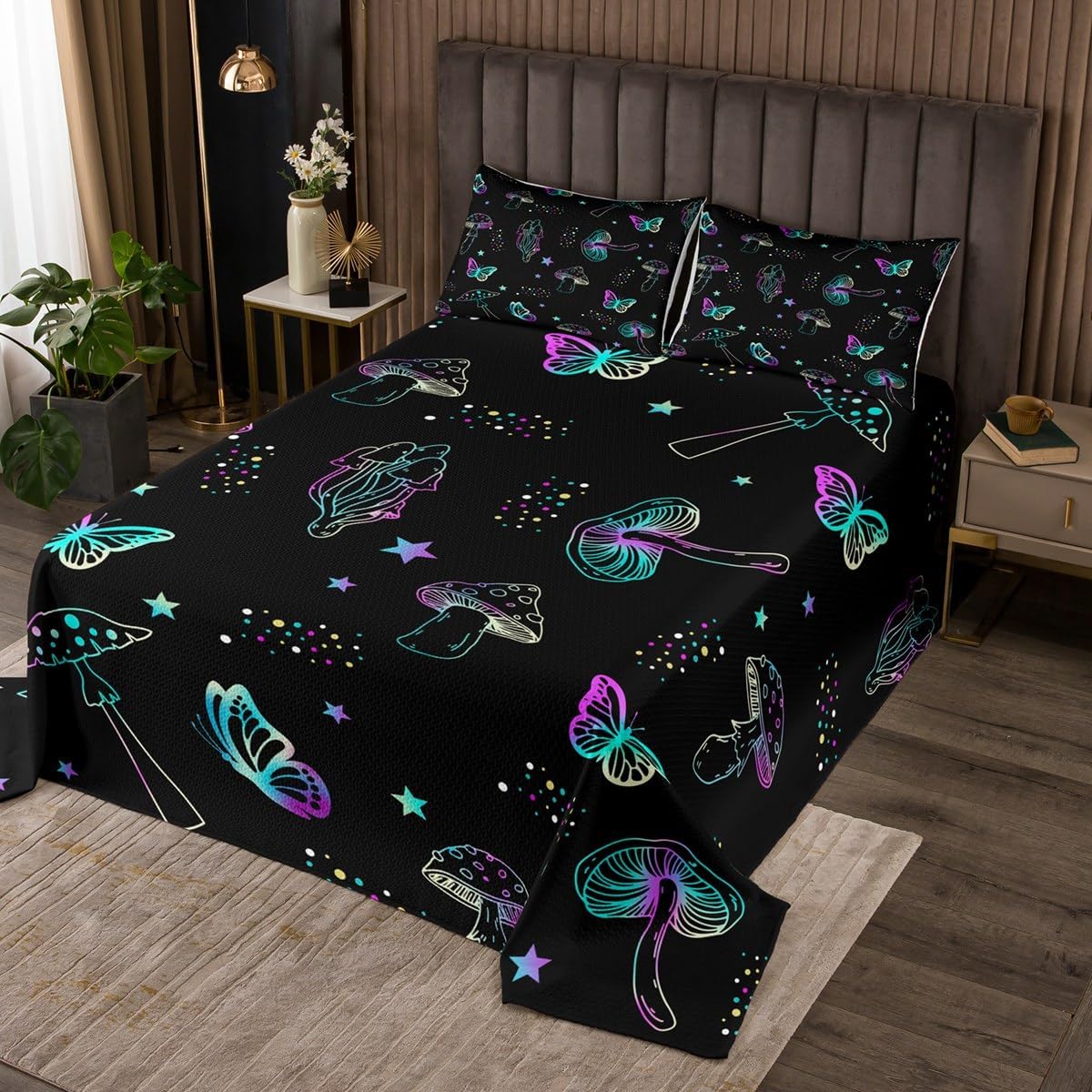 Neon Colorful Mushroon Butterfly Bedspread Queen Size,Glitter Stars Galaxy Bedding Set Trippy Gothic Animals Plants Comforter Set for Kids Boys Girls Teens Room Decor,Black Quilt Coverlet 3Pcs