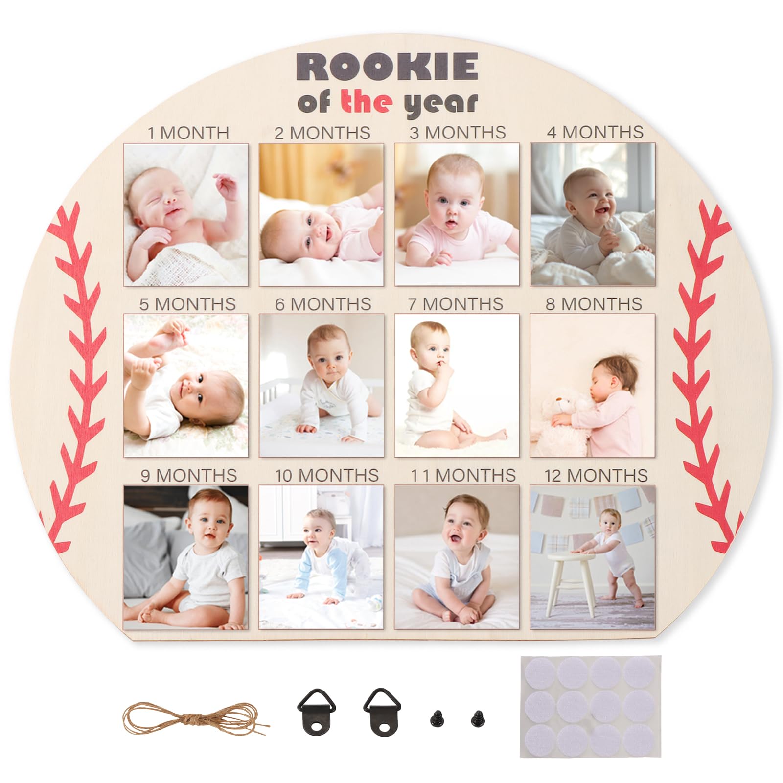 Rookie of the Year Photo Board from 1-12 Months My First Year Baseball Milestone Monthly Sign for First Birthday Party Decorations Wooden Picture