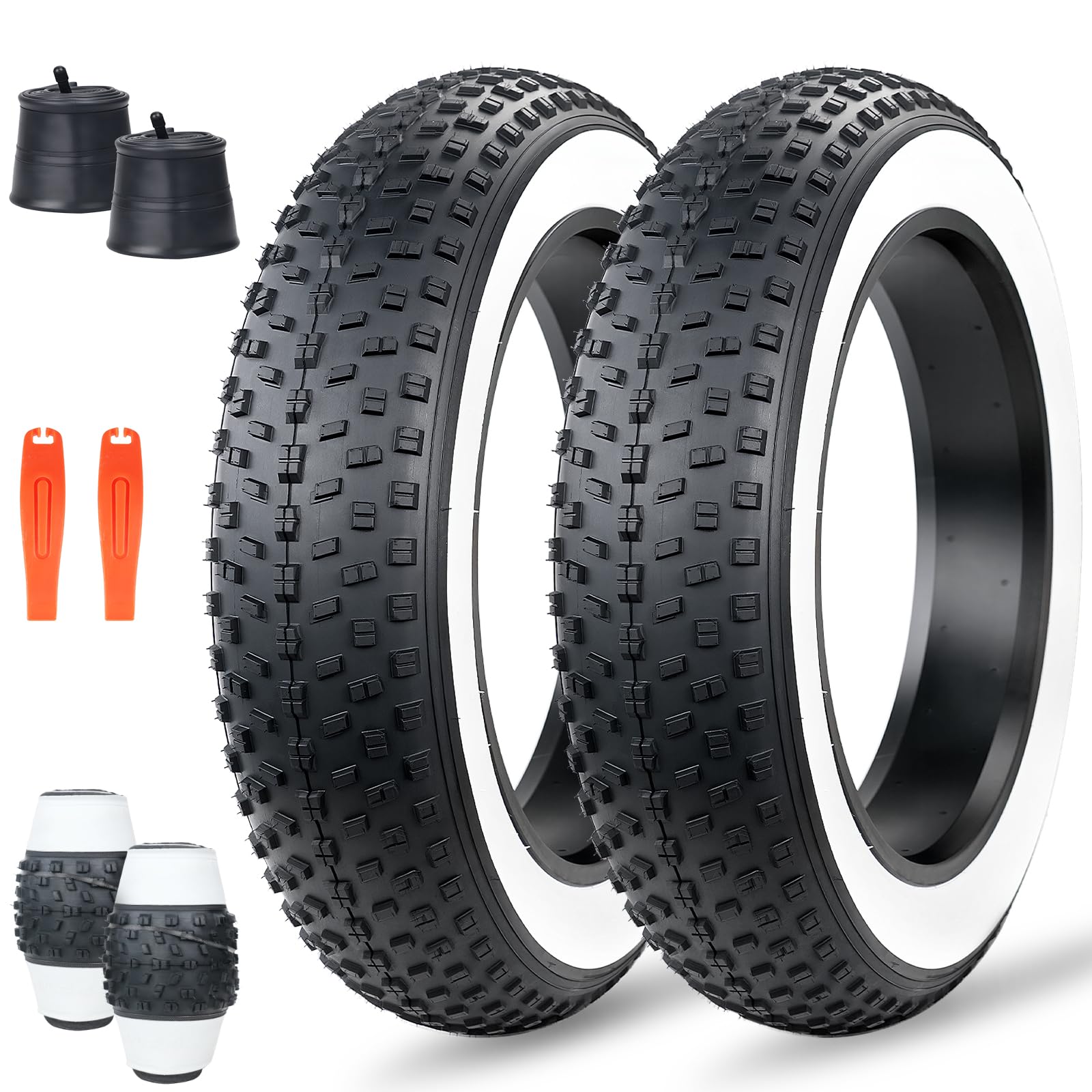 MEGHNA Fat Bike Tire 20 inch Electric Bike Tire Fat Tire 20 x 4.0 inch Knobby High Traction Replacement All - Terrain Tire for Fat Bike E-Bike (White Wall - 2 Tires 2 Inner Tubes, 20 x 4.0 inch)