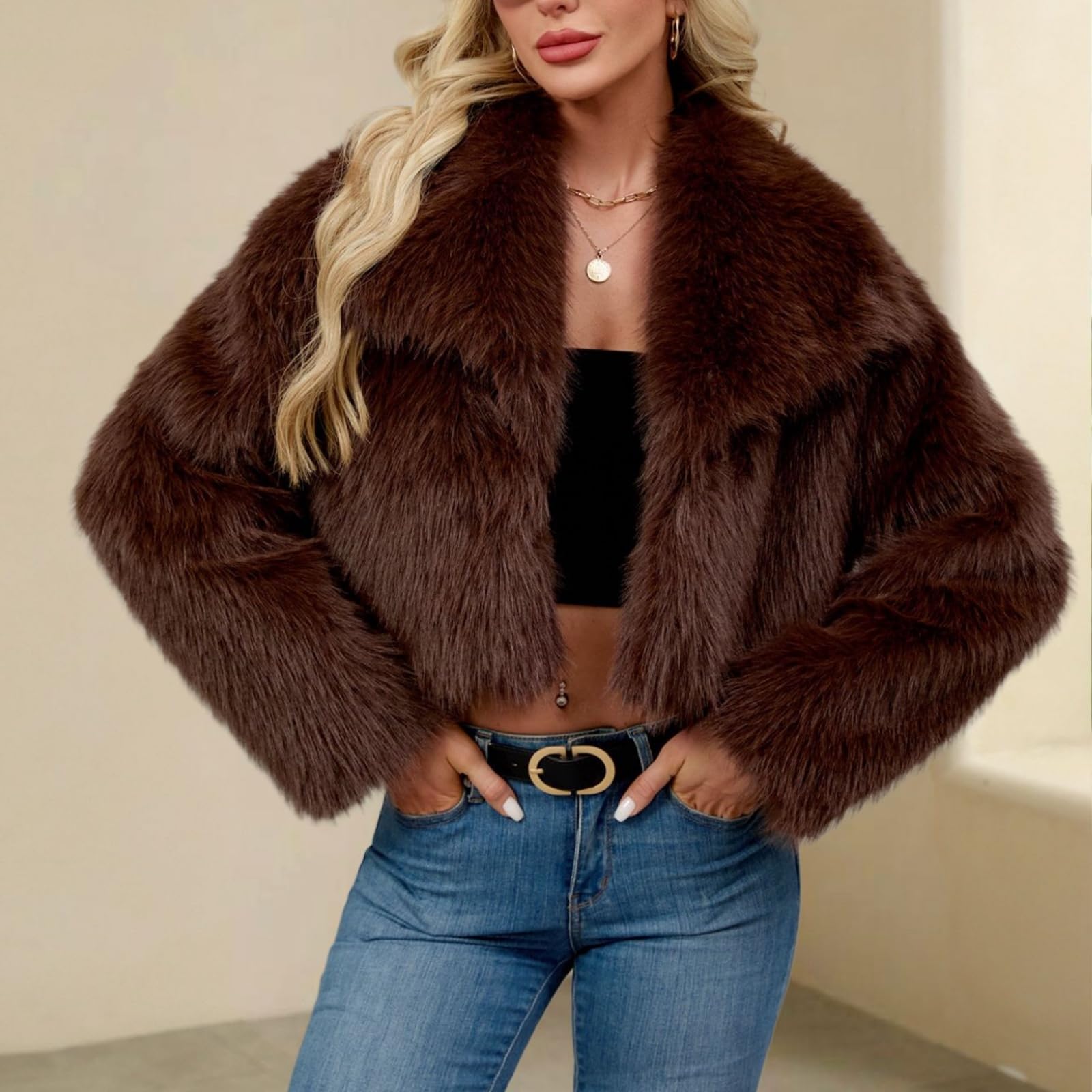 Generisch Winterjacke Damen Kurz Pelzjacke Einfarbig Wintermantel Winddicht