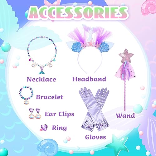 Miniatura 5 de PUNKSUIT Disfraz de Sirenita para niñas, disfraz de princesa sirena Ariel con accesorios