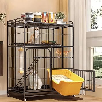 Cat Crate Folded,Metal Cats Cage with 360 Rotating Casters Easy to Move,Cat Enclosures for Outside for 1-2 Cats, Ferret,RabbitBlack, 3-Tier