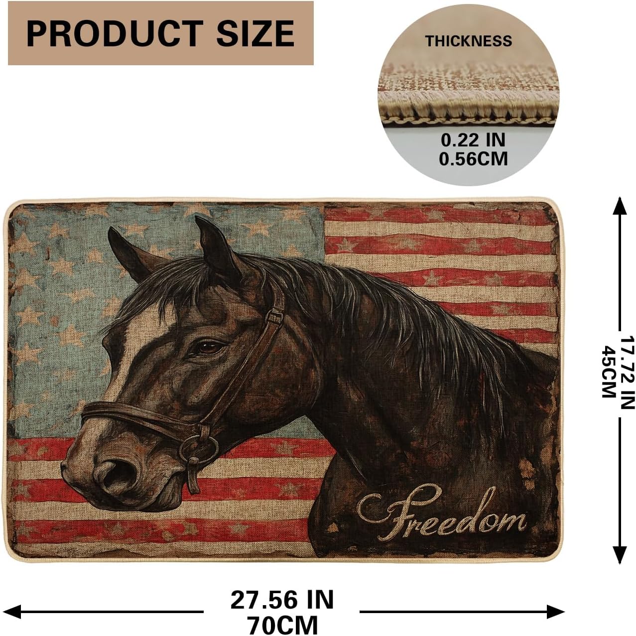 Freedom Horse Doormat, Rustic America Flag Indoor & Outdoor Mat for Home Entrance Decoration, Non-Slip, Waterproof Dust Absorbent Easy Clean 29x17 Inch