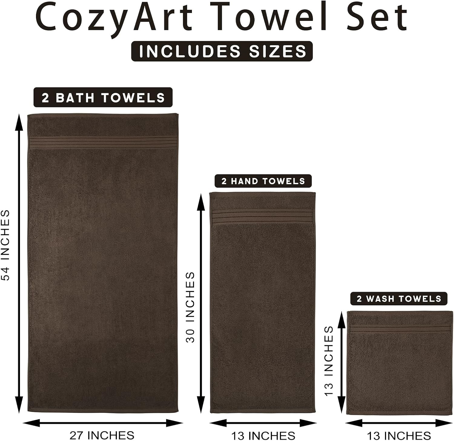 COZYART Brown Bath Towel Set, Cotton Hotel Large Towel Bulk for Bathroom, Thick Bathroom Sets of 6 with 2 Bath Towels, 2 Hand Towels, 2 Washcloths, 650 GSM - Image 3