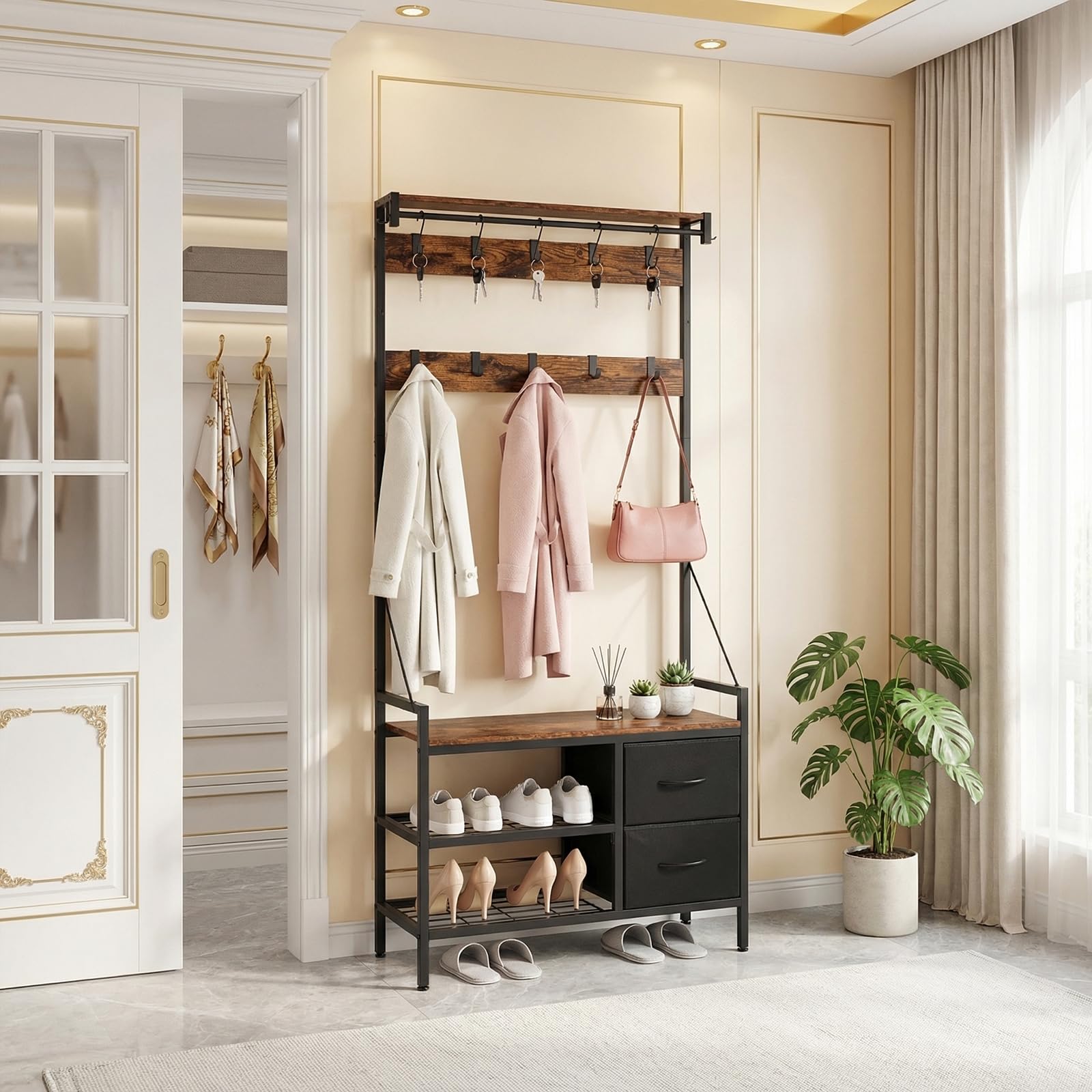 EGGREE Porte-Manteau avec Étagère à Chaussures, Meuble d’Entrée avec 15 Crochets Amovibles, 2 Tiroirs, Design Séparable, 6-en-1 Vestiaire, Style Industriel, 80 x 30 x 180 cm, Marron Rustique et Noir