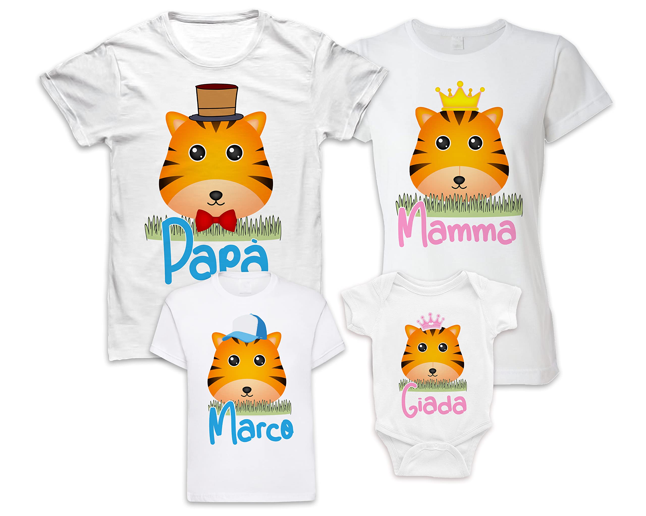 Overthetee Set Magliette Famiglia Personalizzate con Nome, 4 Capi T Shirt e Body Neonato Tema Animali, Coordinati Genitori e Figli in Cotone