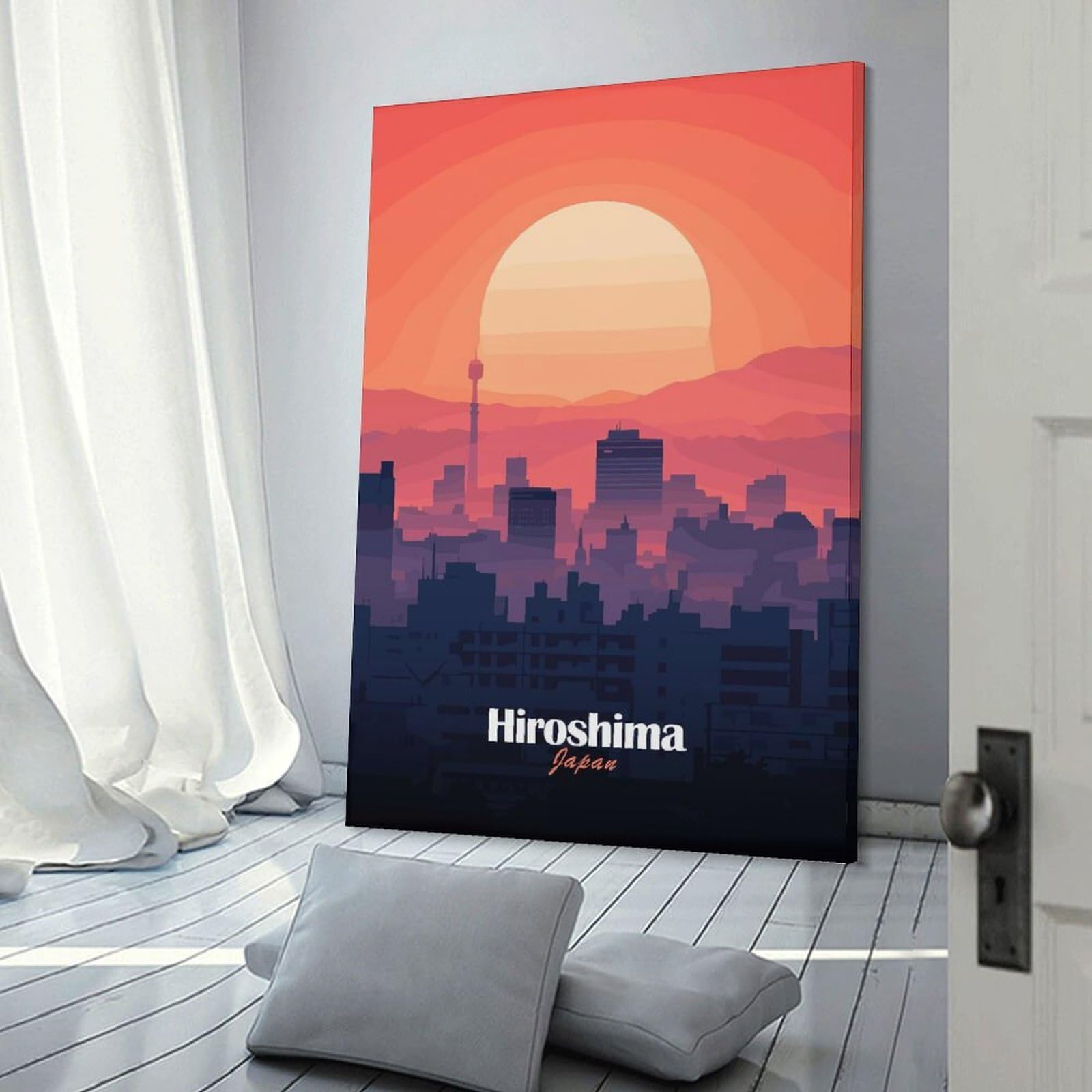 Junmoney Hiroshima Skyline Sunset Canvas Wall Art 24x36inch(60x90cm), for Study, Office Or Focused Interiors, Home Office Artwork with Decorative Appeal