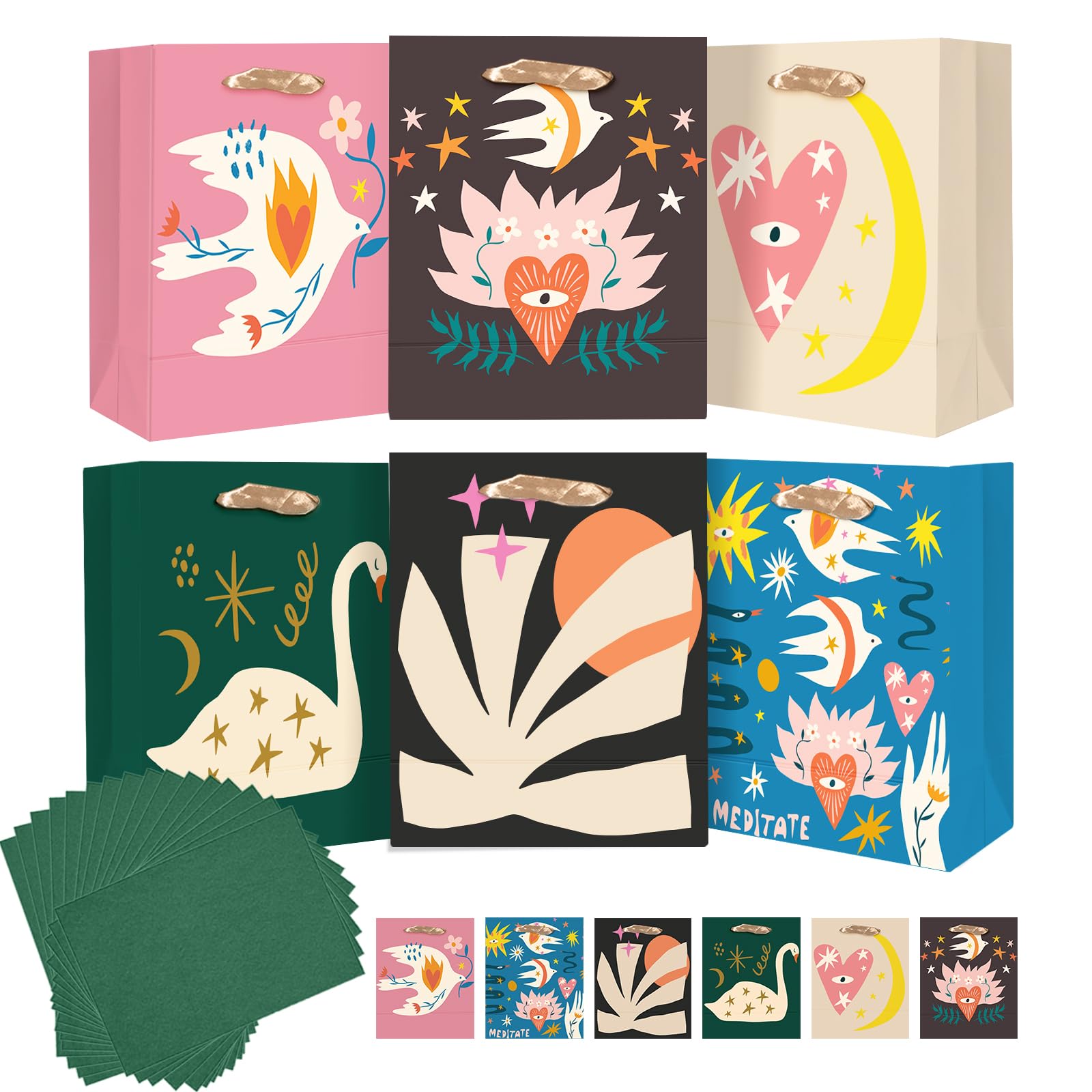 Gcardist Medium Paper Gift Bags with Tissue Paper Handles 6PCS Retro Abstract Cardboard Floral Gift Bags for Women Mom Grandma Party Supply (6PCS Bags+ Tissue Paper)