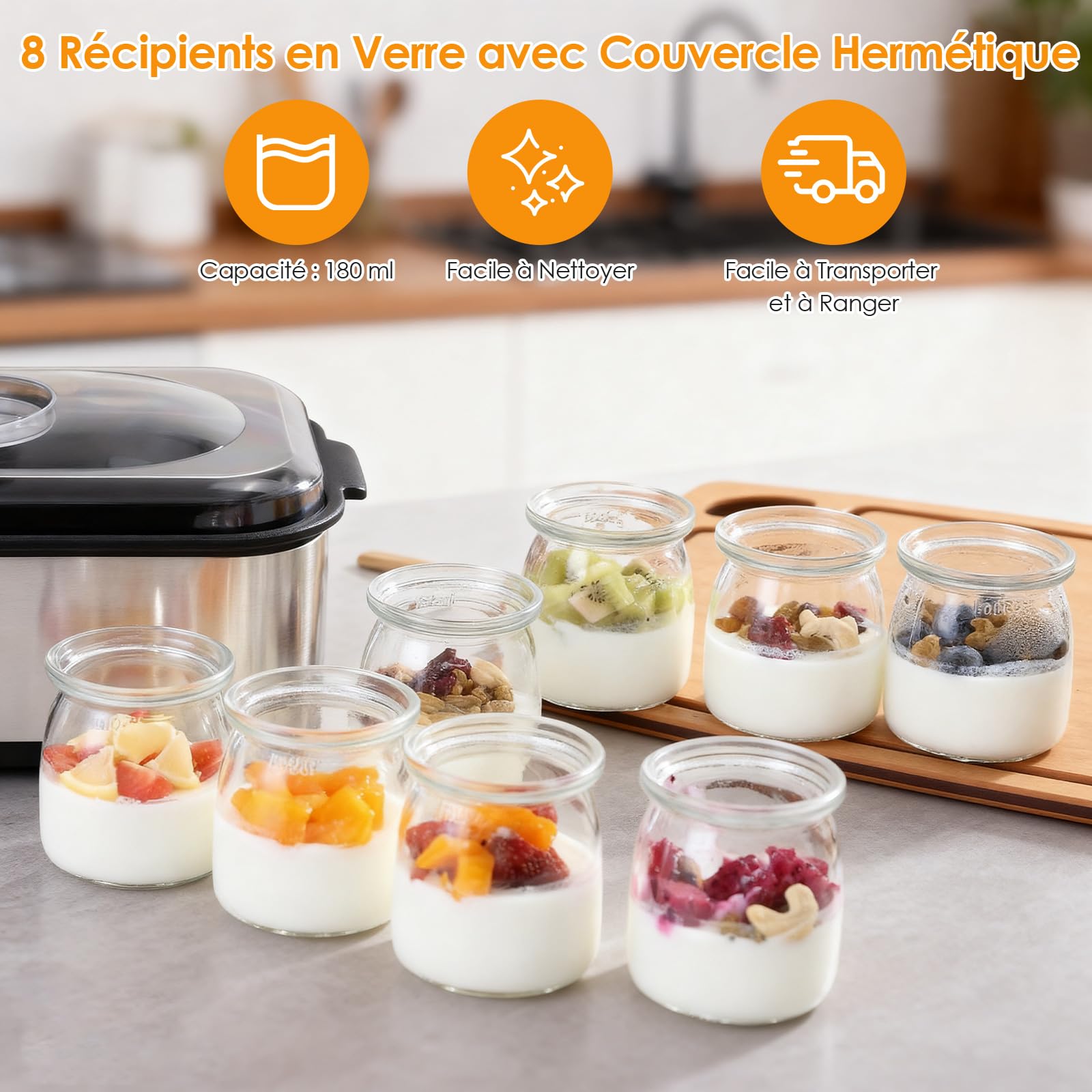 Dreamhigh® Électrique Yaourtière, avec 8 Pots en Verre avec Couvercle de 180ml, Thermostat Réglable et Affichage Numérique et Minuterie, Idéal pour Famille et Yaourts Faits Maison