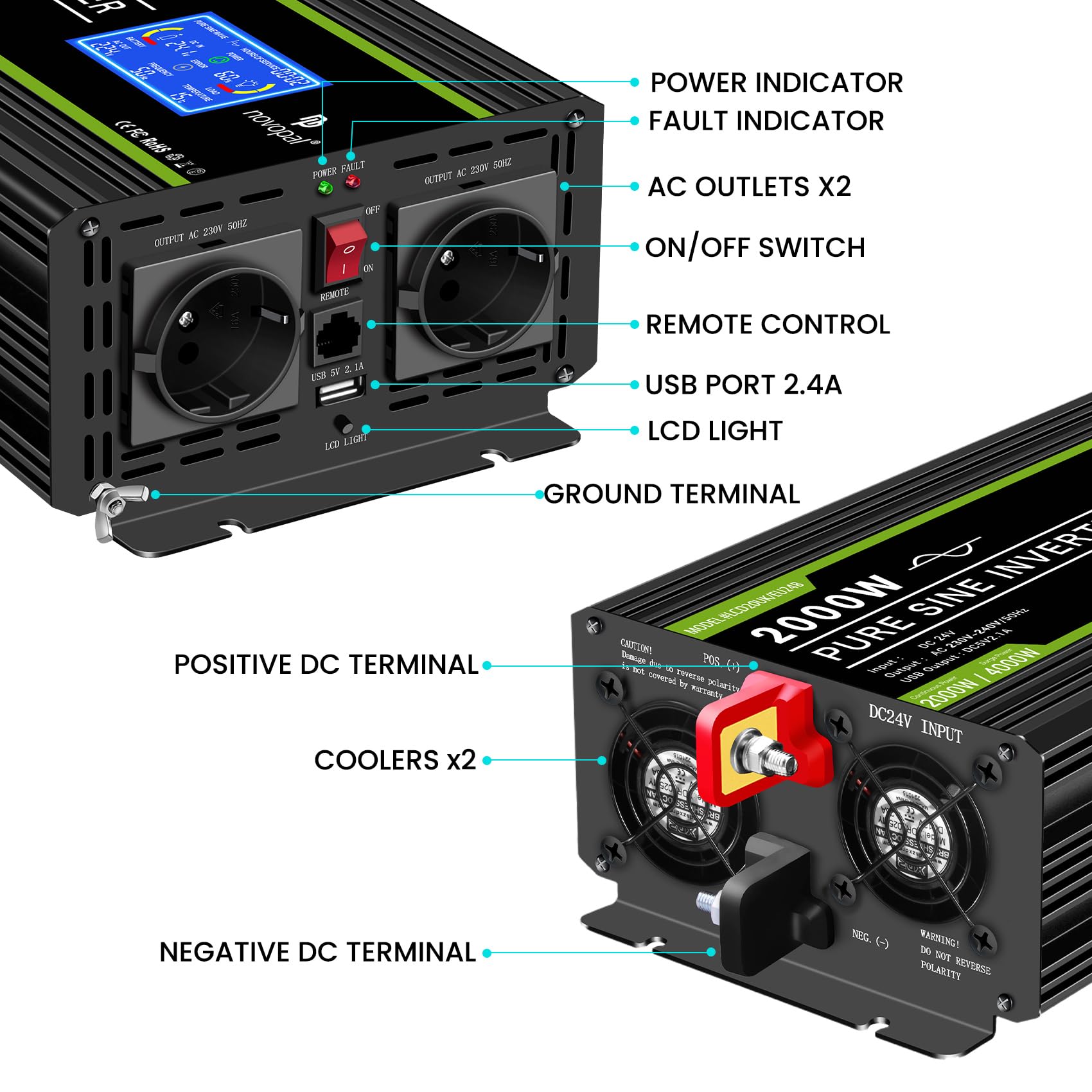 NOVOPAL 2000W Inversor 24V 220V Onda Pura Convertidor | 5M Mando a Distancia& LCD Display,2.4A USB para RV, Viajes, Camping