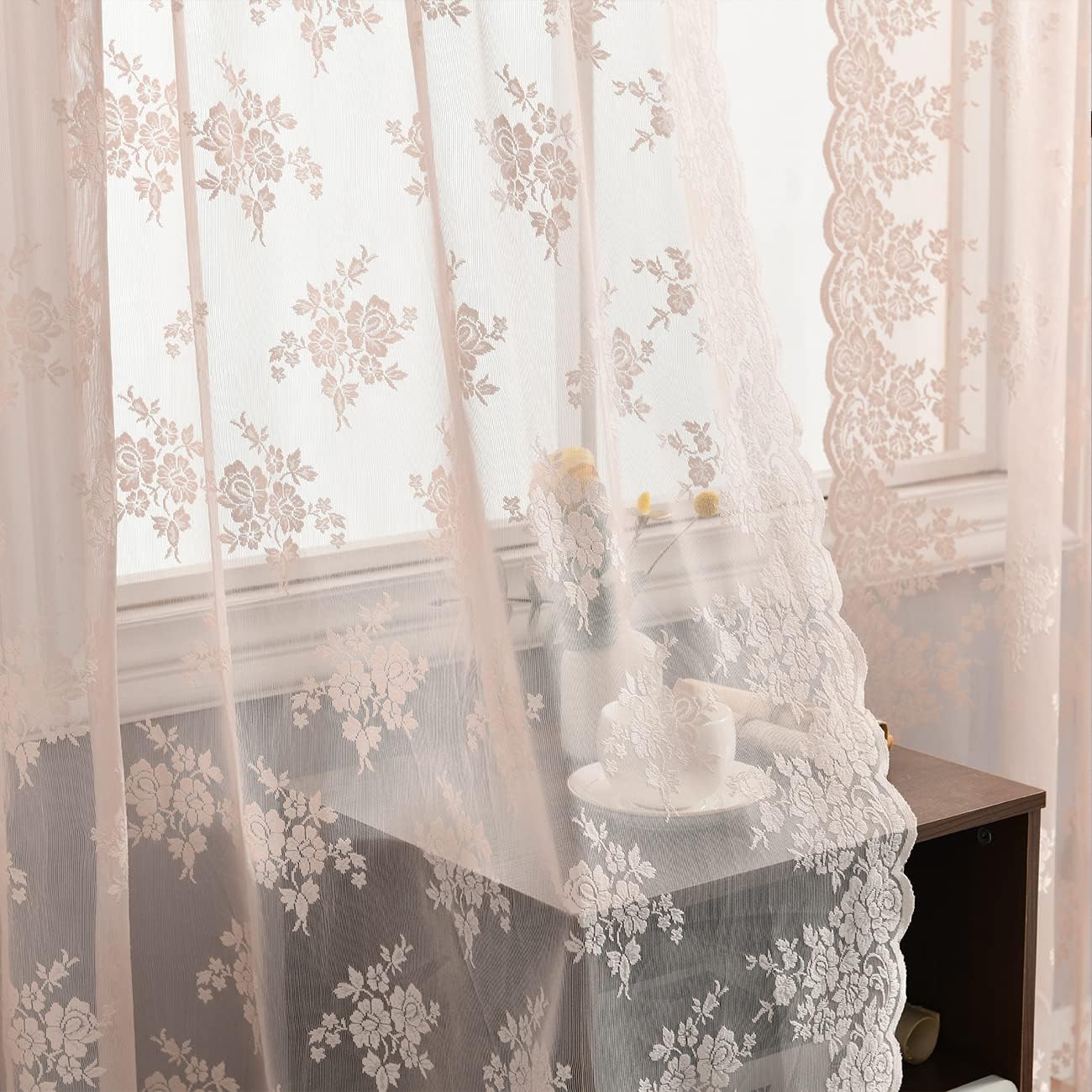 Kotile Blush Pink Lace Curtains for Bedroom, Country Floral Embroidered Vintage Sheer Lace Curtains 45 Inch Length 2 Panels Set, Rod Pocket Privacy Scalloped Lace Window Curtains, Each 52 x 45 Inch