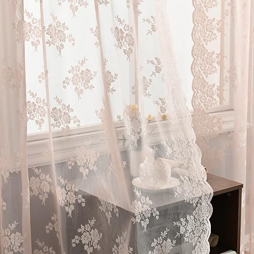 Miniatura 11 de Kotile Cortinas traslúcidas beige de 96 pulgadas de largo para sala de estar, 2 paneles de cortinas rústicas de encaje florales retro crema para