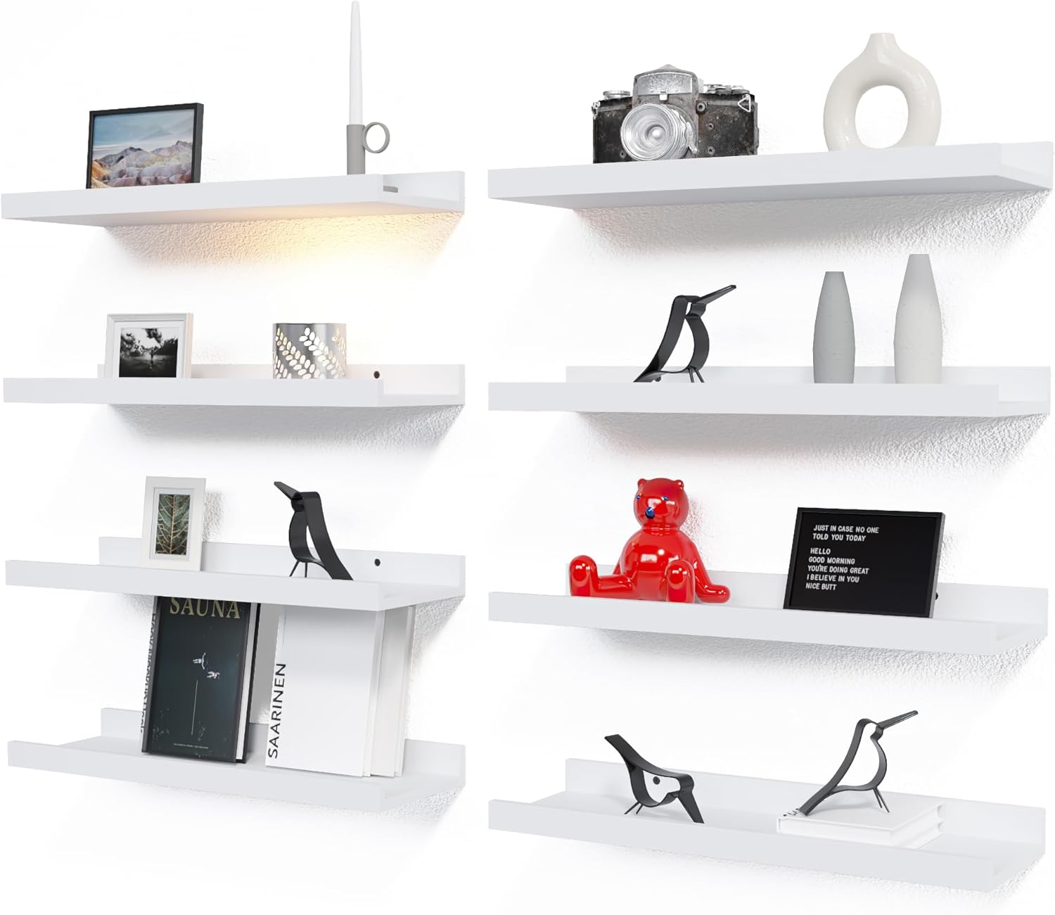 RICHER HOUSE 8 Set Floating Wall Mounted Shelves, Nursery Hanging Book Shelves with Lip for Storage, White Display Picture Ledge Shelf for Bedroom Bathroom Kitchen Living Room Wall Decor, Modern White RICHER HOUSE 8 Set Floating Wall Mounted Shelves, Nursery Hanging Book Shelves with Lip for Storage, White Display Picture Ledge Shelf for Bedroom Bathroom Kitchen Living Room Wall Decor, Modern White