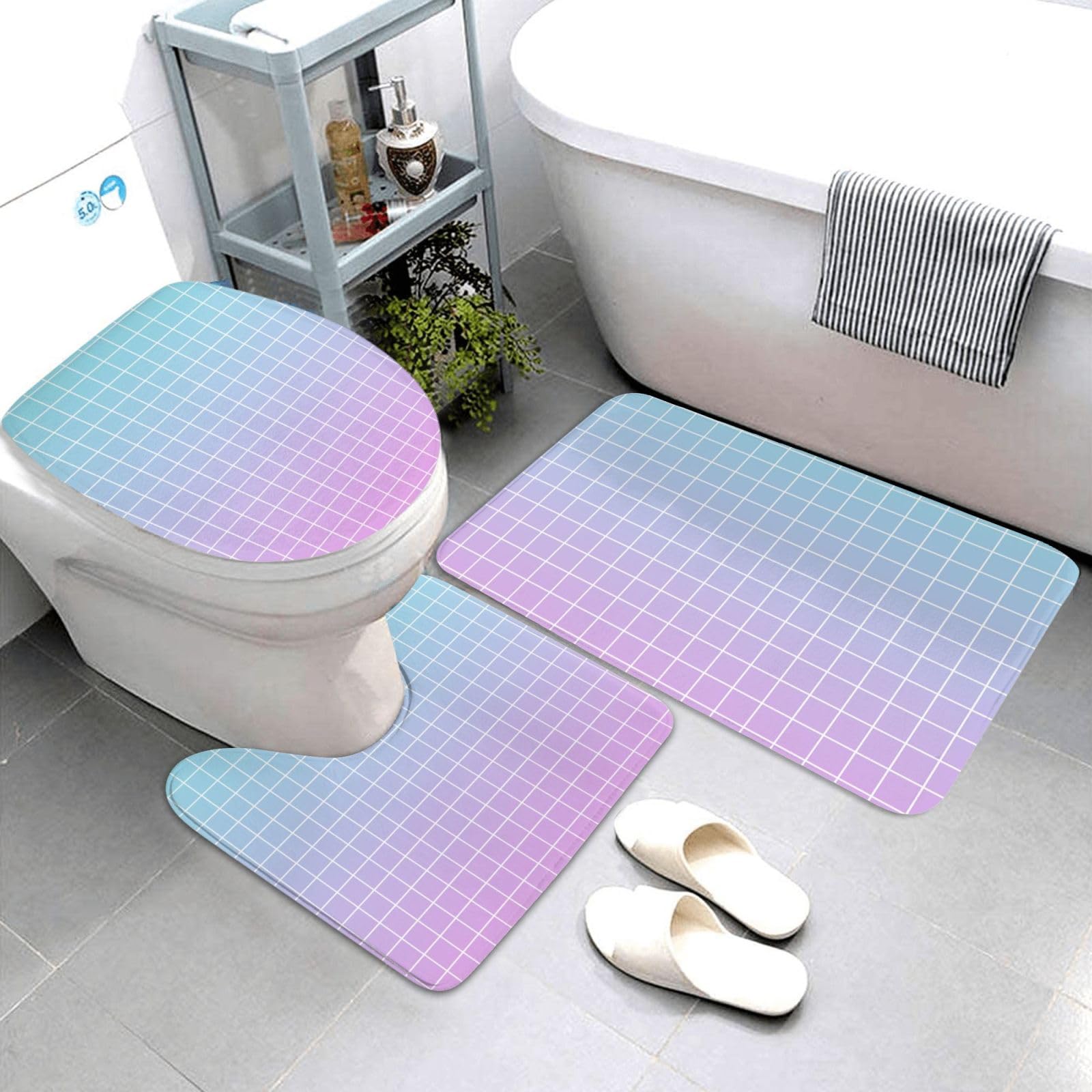 Lot de 3 tapis de salle de bain bleu et rose à quadrillage antidérapant