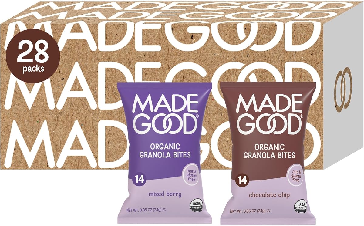 MadeGood Granola Bites Variety 28-Pack, Chocolate Chip and Mixed Berry | Organic, gluten free snacks for lunch boxes and travel, Nut-free gluten free oats, low sugar, yogurt topping or cereal
