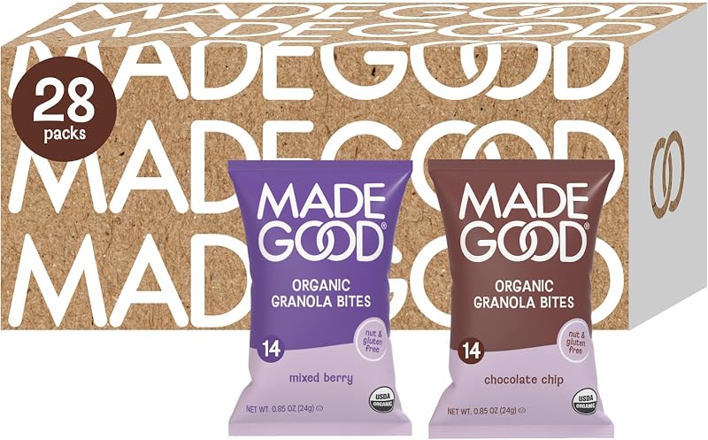 MadeGood Granola Bites Variety 28-Pack, Chocolate Chip and Mixed Berry | Organic, gluten free snacks for lunch boxes and travel, Nut-free gluten free oats, low sugar, yogurt topping or cereal