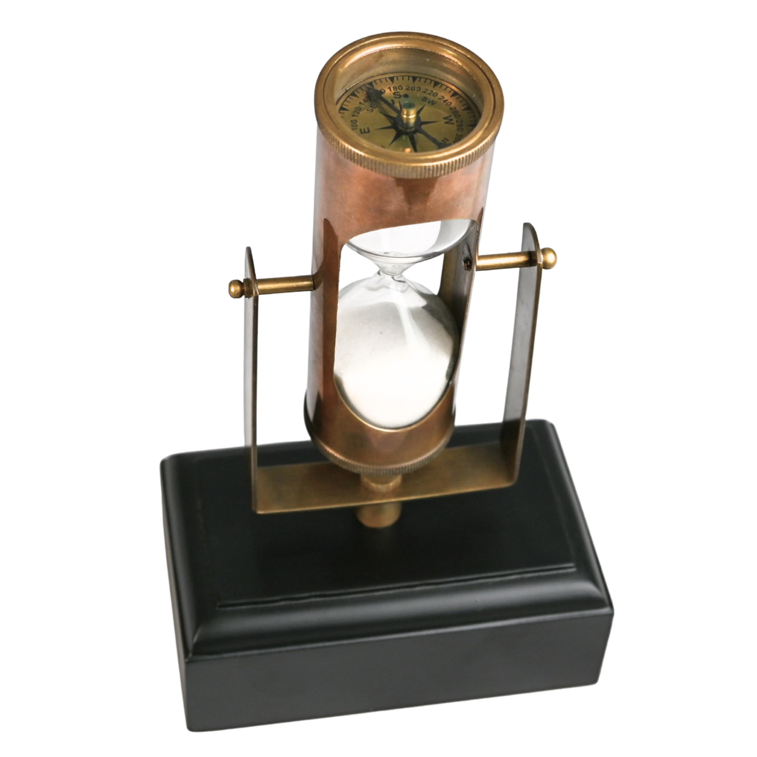 Vintage Brass Hourglass Timer with Compass on Wooden Base Antique Nautical Sand Timer for Desk, Home & Office Décor Collectible Gift for Explorer, Traveler & Maritime Lover