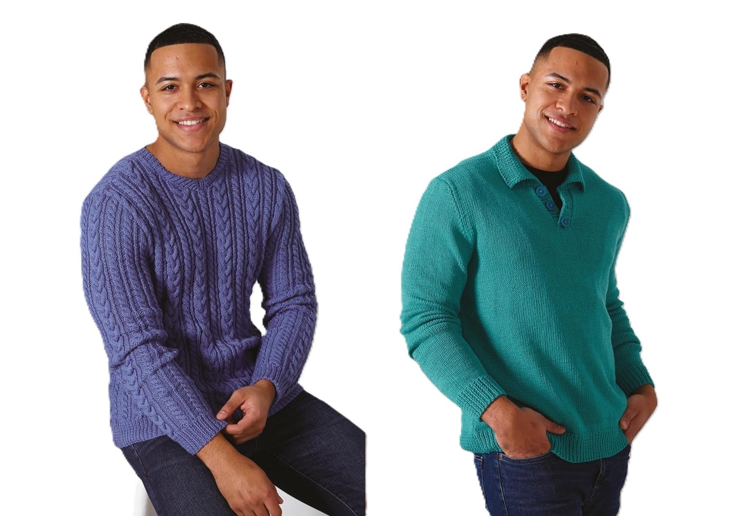 King Cole Mens DK Knitting Pattern Cable Knit Round Neck or Collar Sweater (6037)