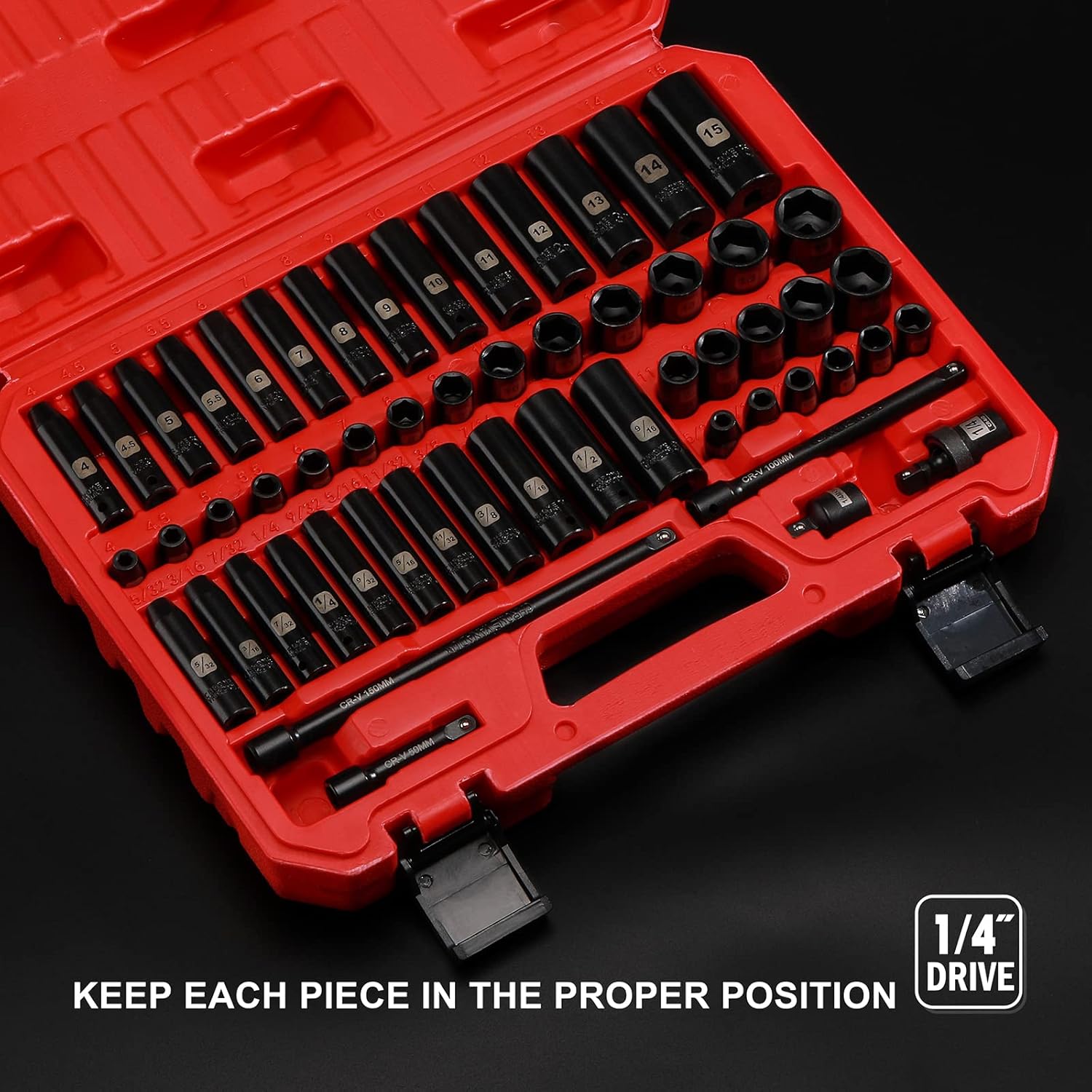 EMENTOL 55PCS 1/4" Drive Deep and Shallow Impact Socket Set, CR-V, SAE/Metric, 6 point, 5/32 Inch - 9/16 Inch, 4mm - 15mm, Impact Extension Bars, Universal Joint, Adapter