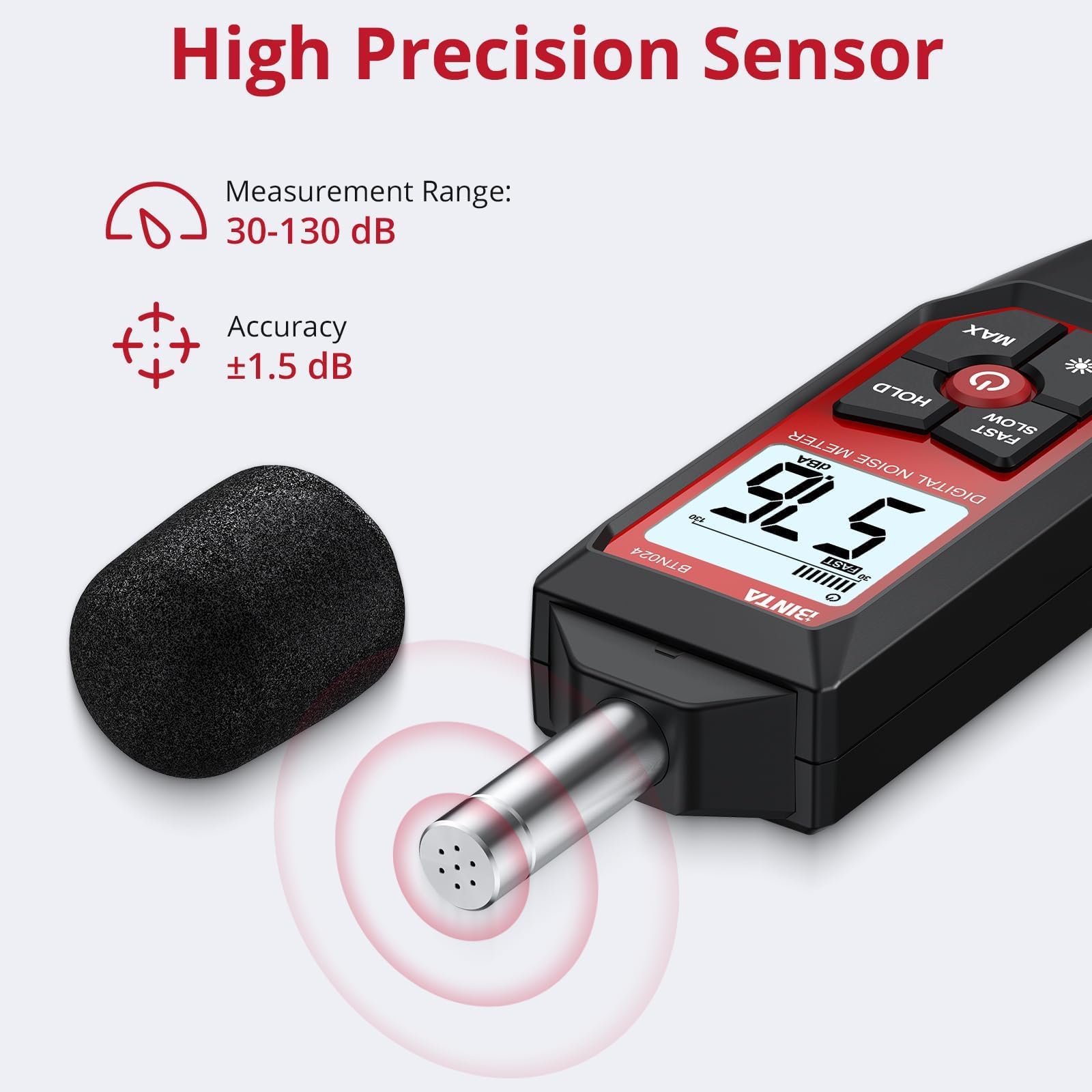 BTNTA Medidor de Decibelios, Medidor Digital de Nivel de Sonido 30-130dB A-Ponderado, Medidor SPL Portátil con Pantalla LCD Retroiluminada, para Casa Oficina Fábrica Vecinos