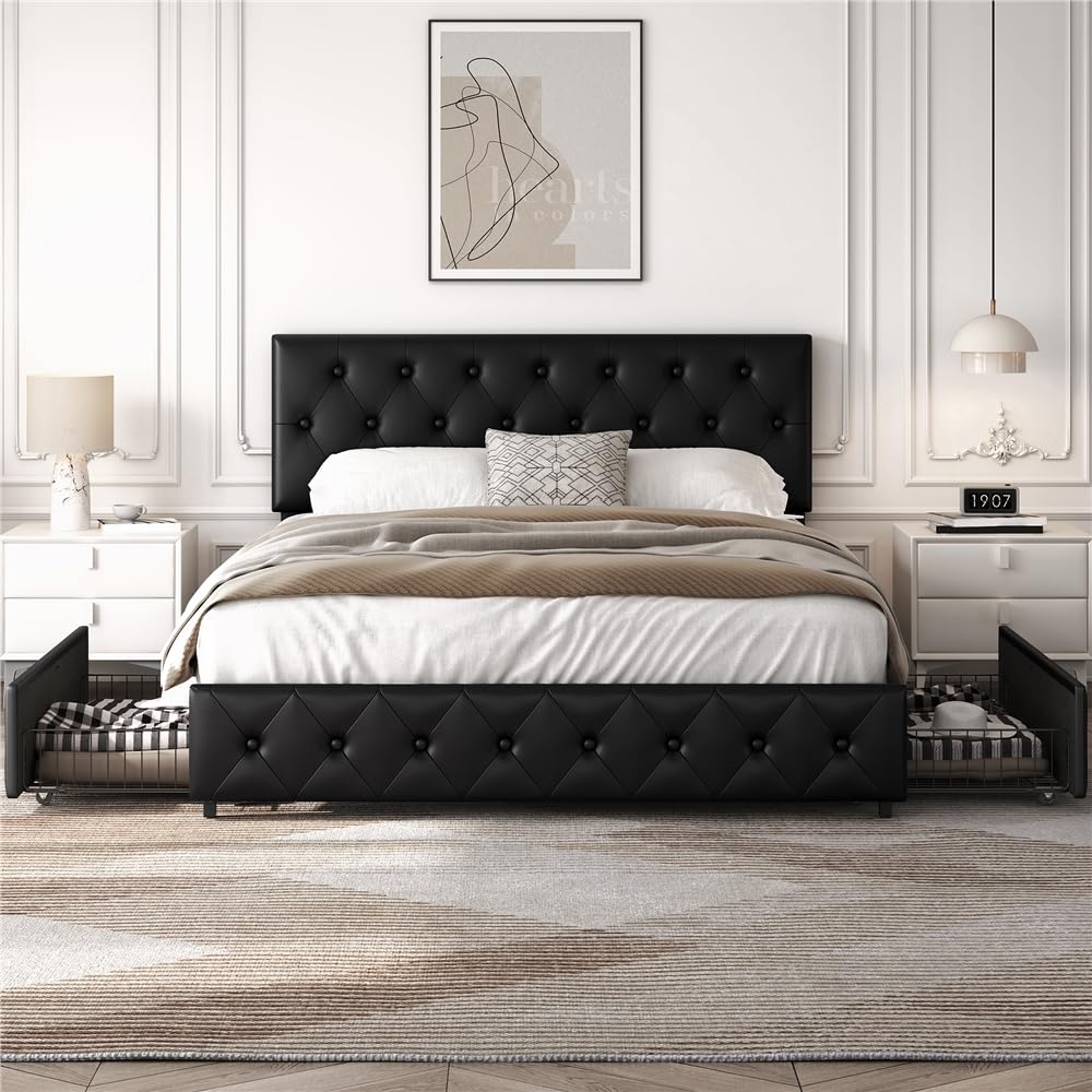 Yaheetech Letto Imbottito Matrimoniale 160 x 200 cm con 2 Cassetti Letto Contenitore con Supporti a Doghe in Legno Testiera Regolabile in Altezza con Rivetti a Punto di Tensione Nero