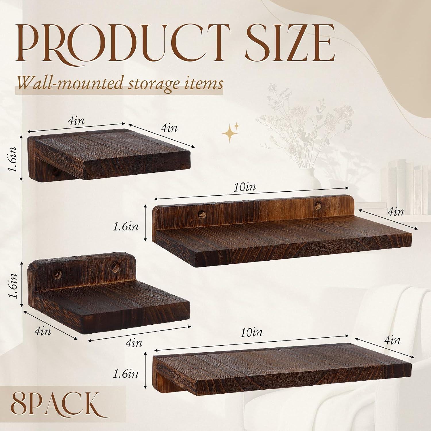 AceOrbit 8 Pcs Small Wall Shelf Rustic Wood Floating Shelves Wall Mounted Storage Supplies for Walls Living Room Bedroom Picture Frames Plants Kitchen Office Decor(Brown,1.57-3.94 Inch)
