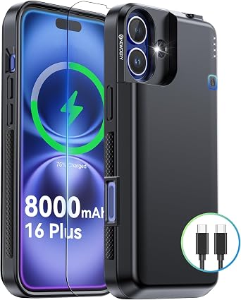NEWDERY Battery Case for iPhone 16 Plus USB C Portable Charger Case 8000mAh