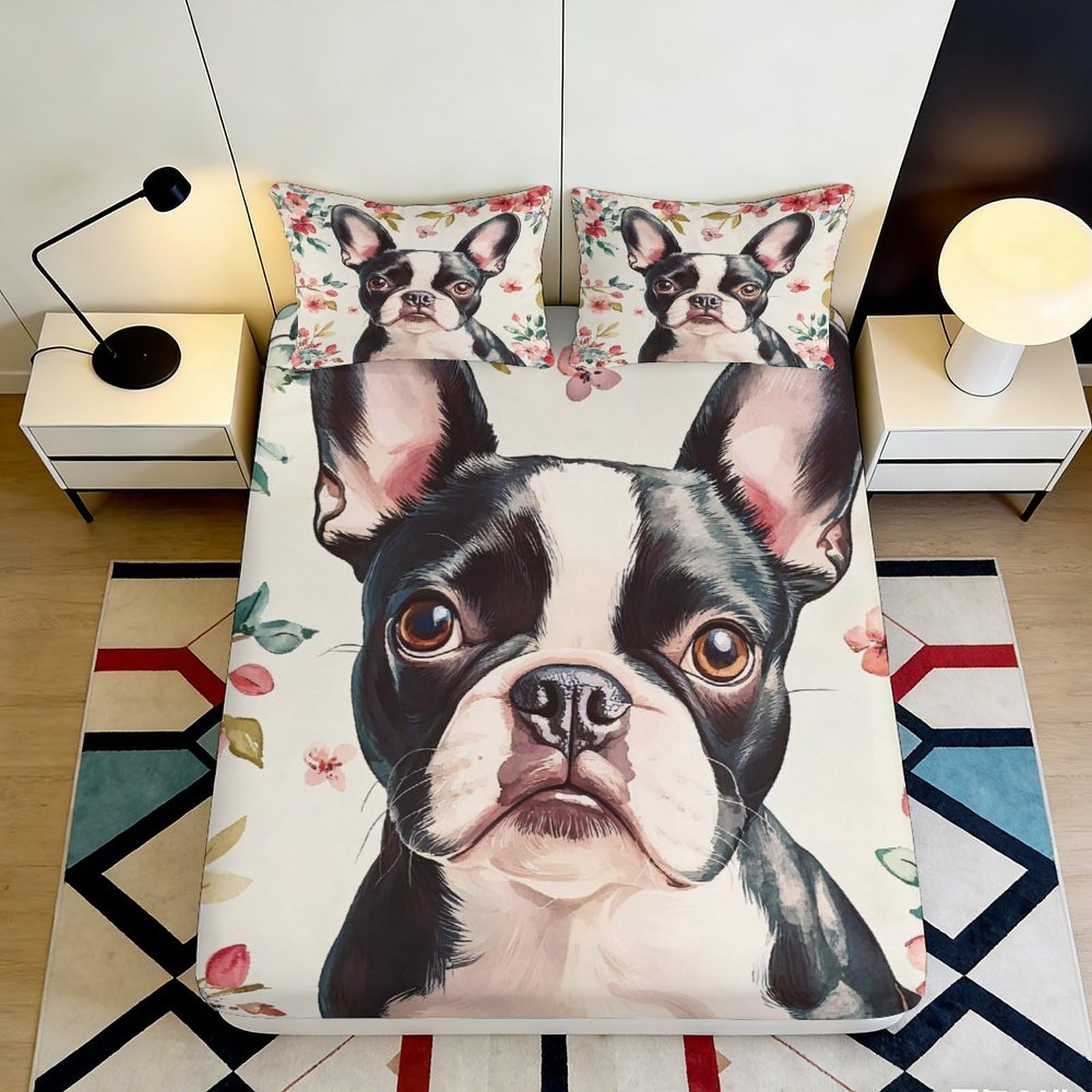 3D Printed French Bulldog Fitted Sheet Microfiber Soft Decorative Dog Portrait Mattress Cover for Bedroom Dorm Room 90x200x25cm