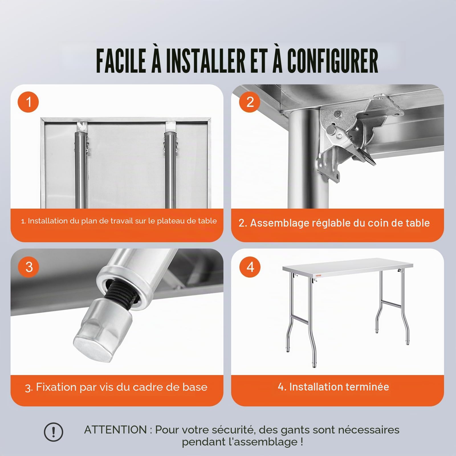 VEVOR Table de Travail Cuisine Pliante en Acier Inoxydable 1 Étage, Table de Travail Commercial 1220x610mm pour Préparation des Aliments,Table Charge 300 KG avec 4 Pieds Réglables