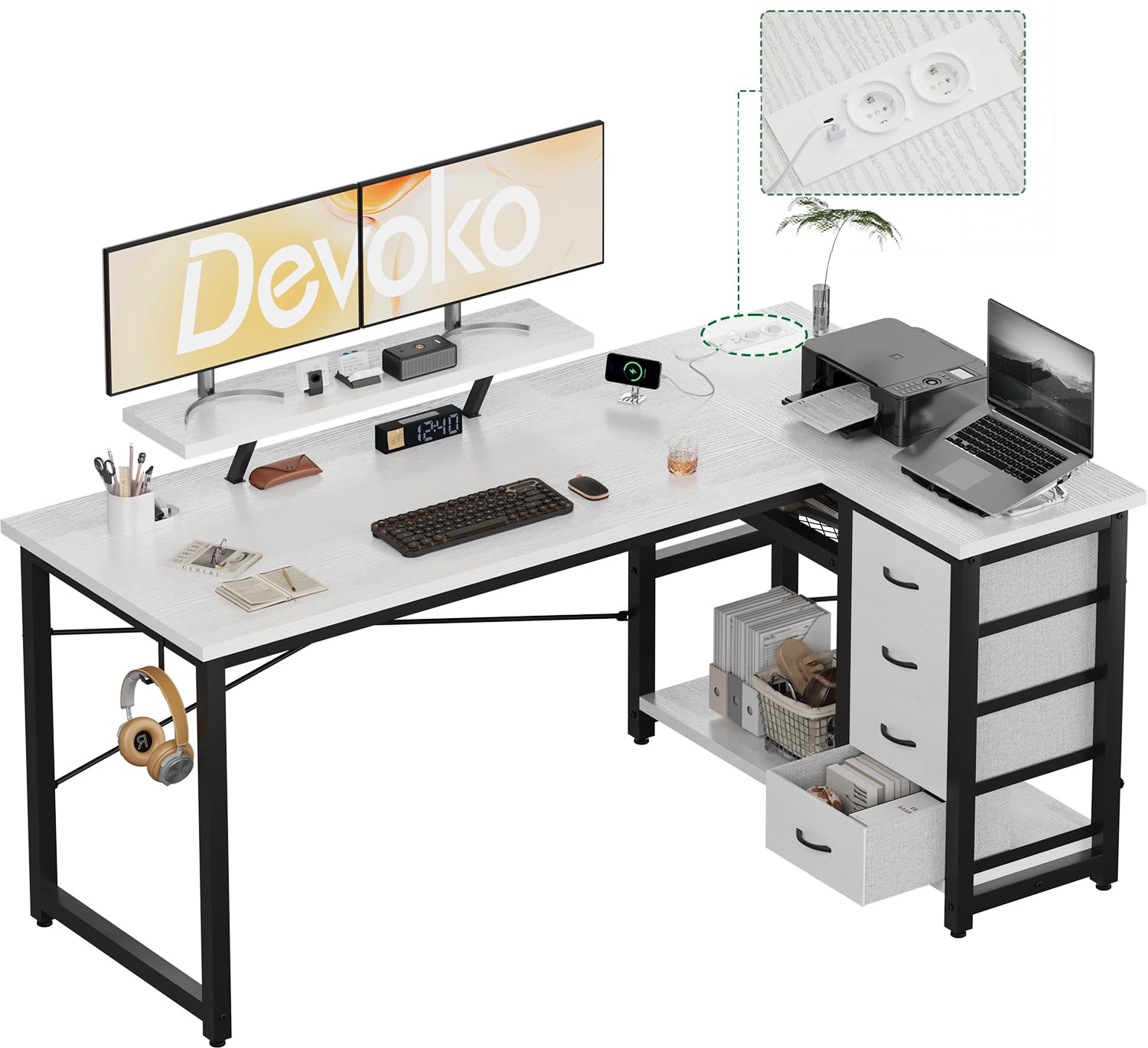 Devoko Schreibtisch L Form mit 4 Stoff Schubladen, Umkehrbarer Eckschreibtisch mit 2 Steckdosen& 2 USB-Anschlüssen, Computertisch L Form für Homeoffice Gaming, Weiß, 140X80cm
