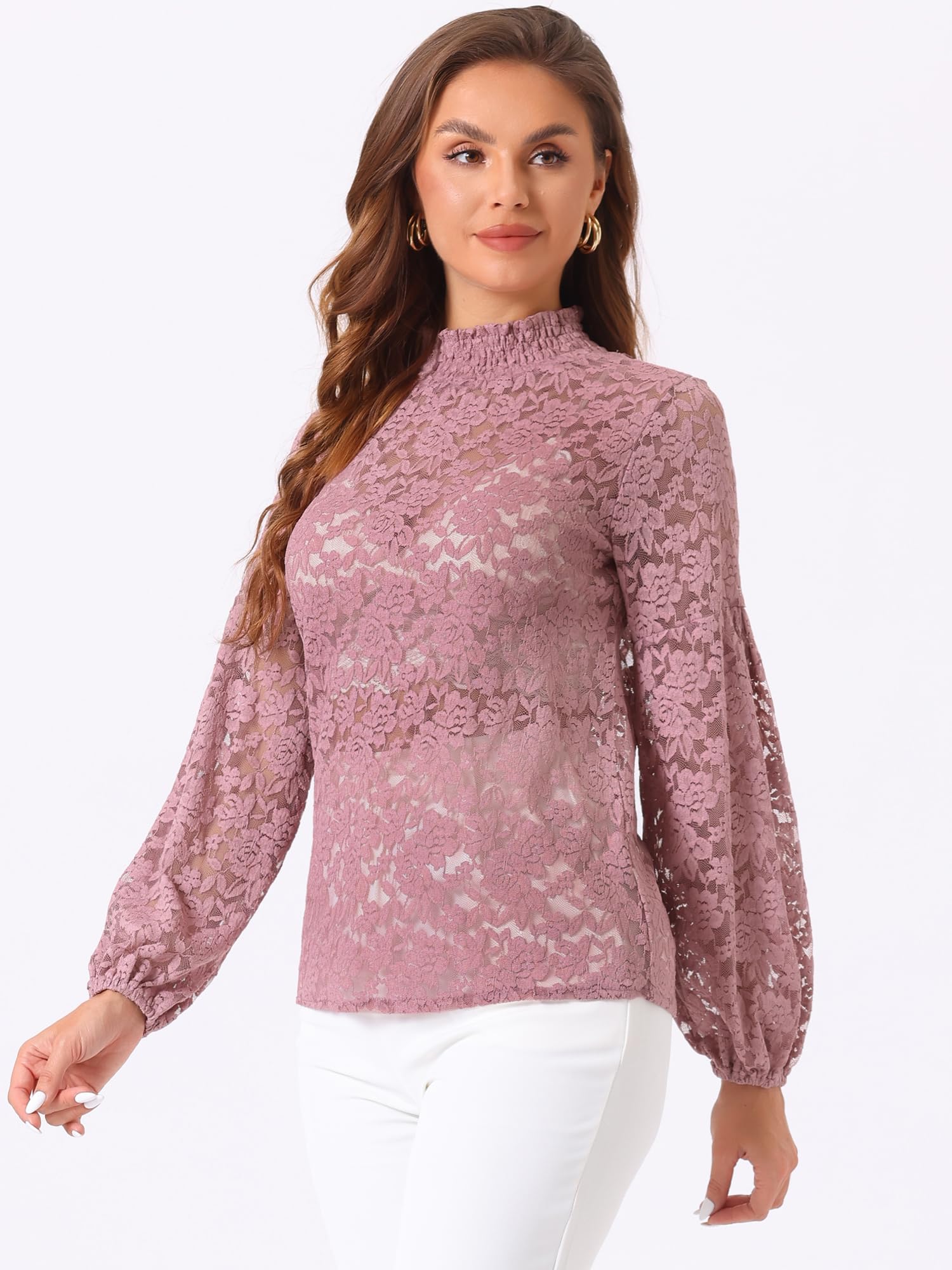 Allegra K Damen Spitze Spitzenbluse Langarm Stehkragen Rüschen Blumen Top Bluse