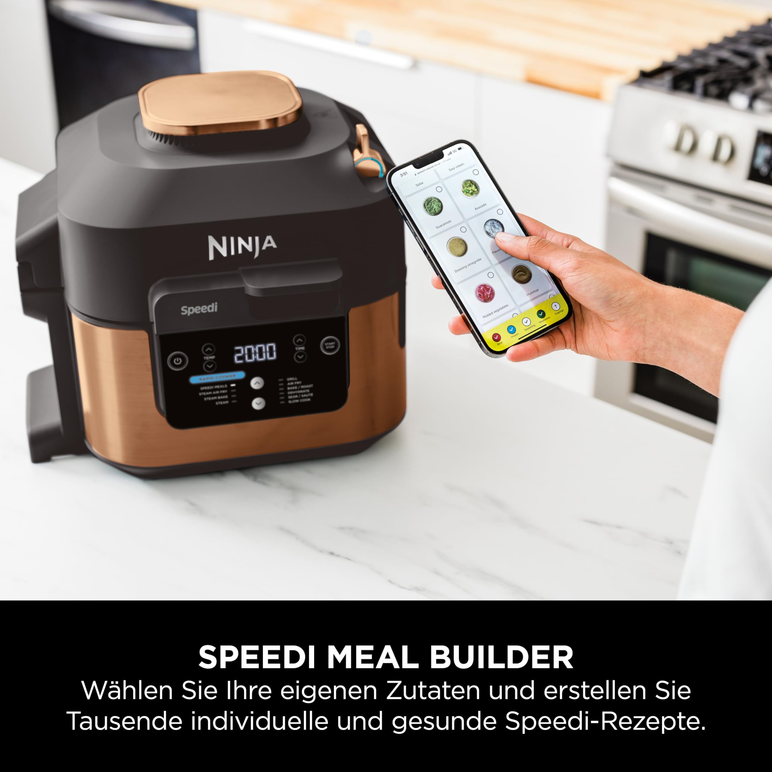 Ninja Speedi Multikocher, 5,7L, 10-in-1 Multicooker, Airfryer Heißluftfritteuse, Slow Cooker Langsamkochen, Grillen, Backen, Schwarz & Kupfer ON400EUCP