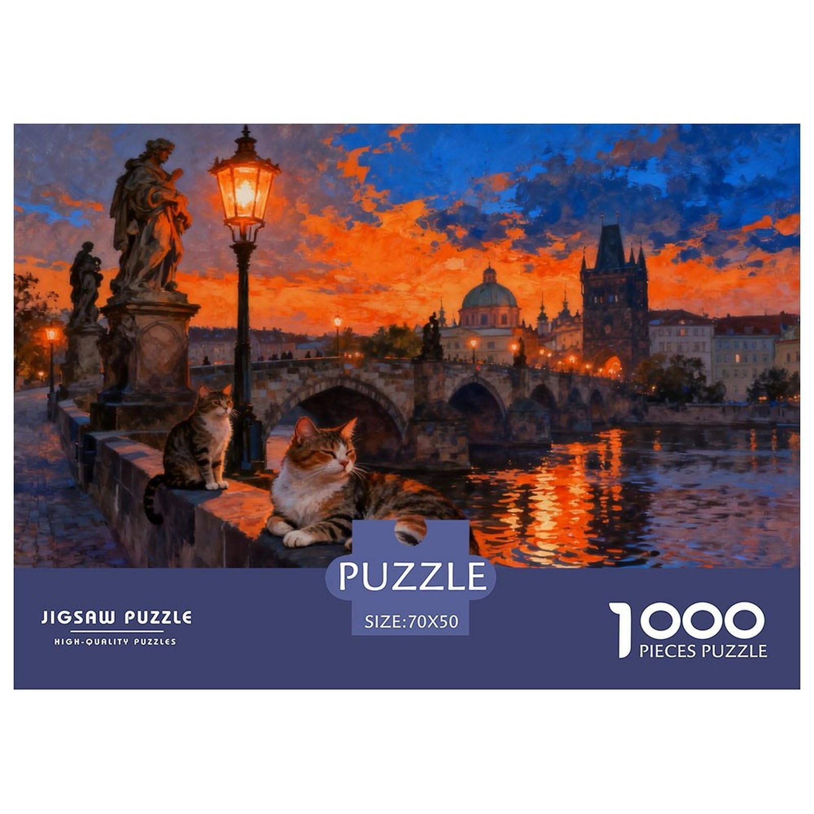 Romantic Evening at Charles Bridge Prague Wooden Jigsaw Puzzle Waterproof 1000 Piece Puzzles for Adults Challenging And Brainteasing Educational Games