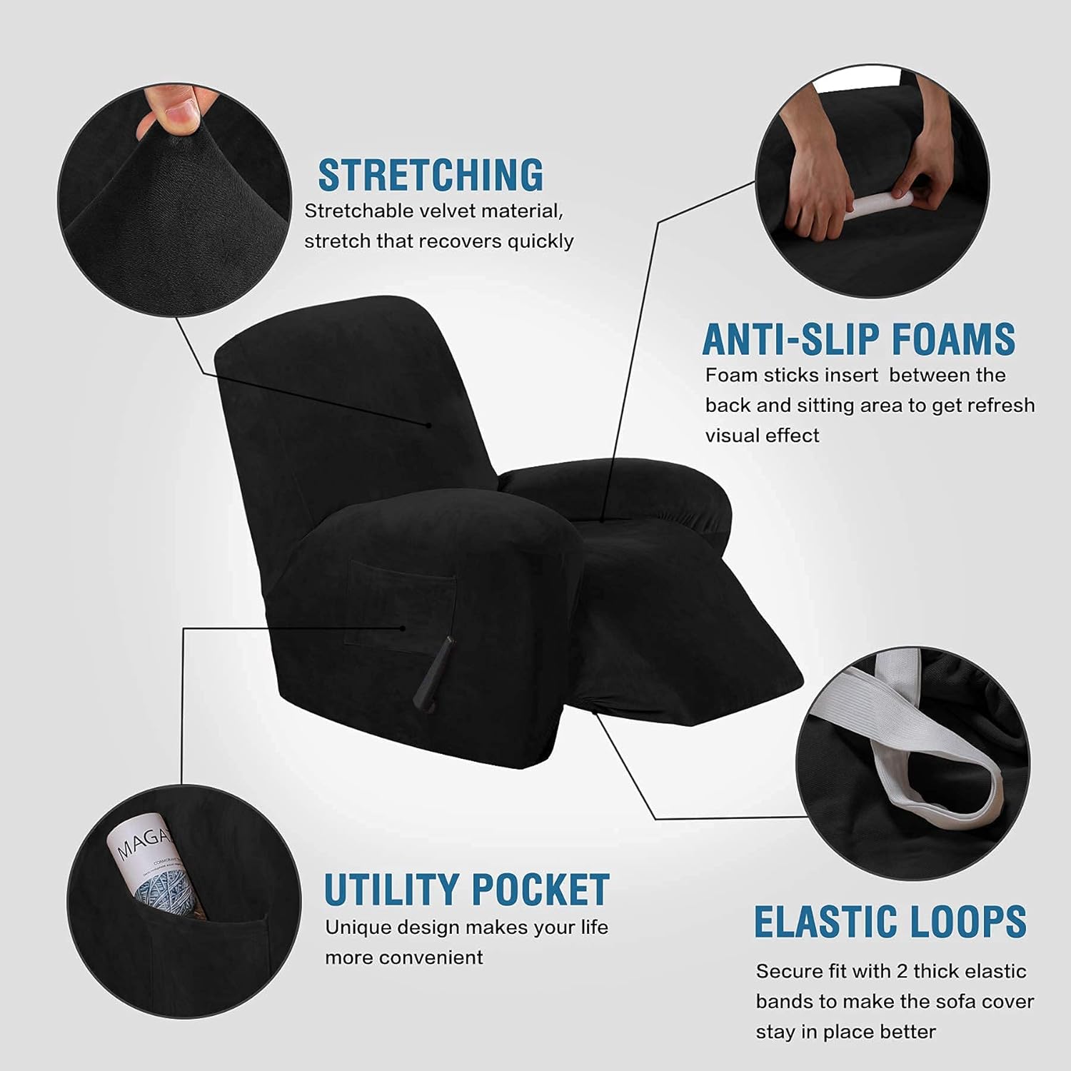 H.VERSAILTEX 1-Piece Velvet Recliner Cover Bundle Velvet Office Chair Cover, Black