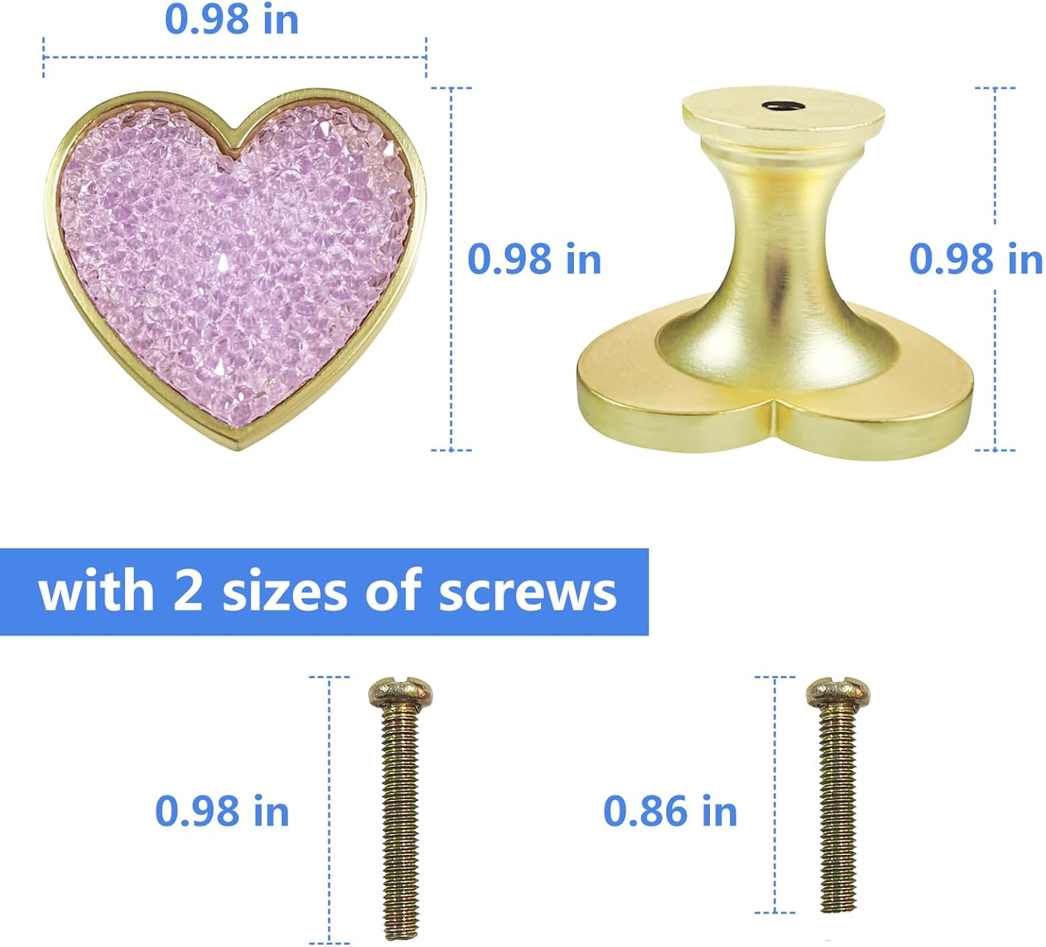 Purple Crystal Heart-Shaped knob, 6pcs Cabinets Door Knob Singe Hole Pull Handle for Living Room Bedroom Bathroom Kitchen