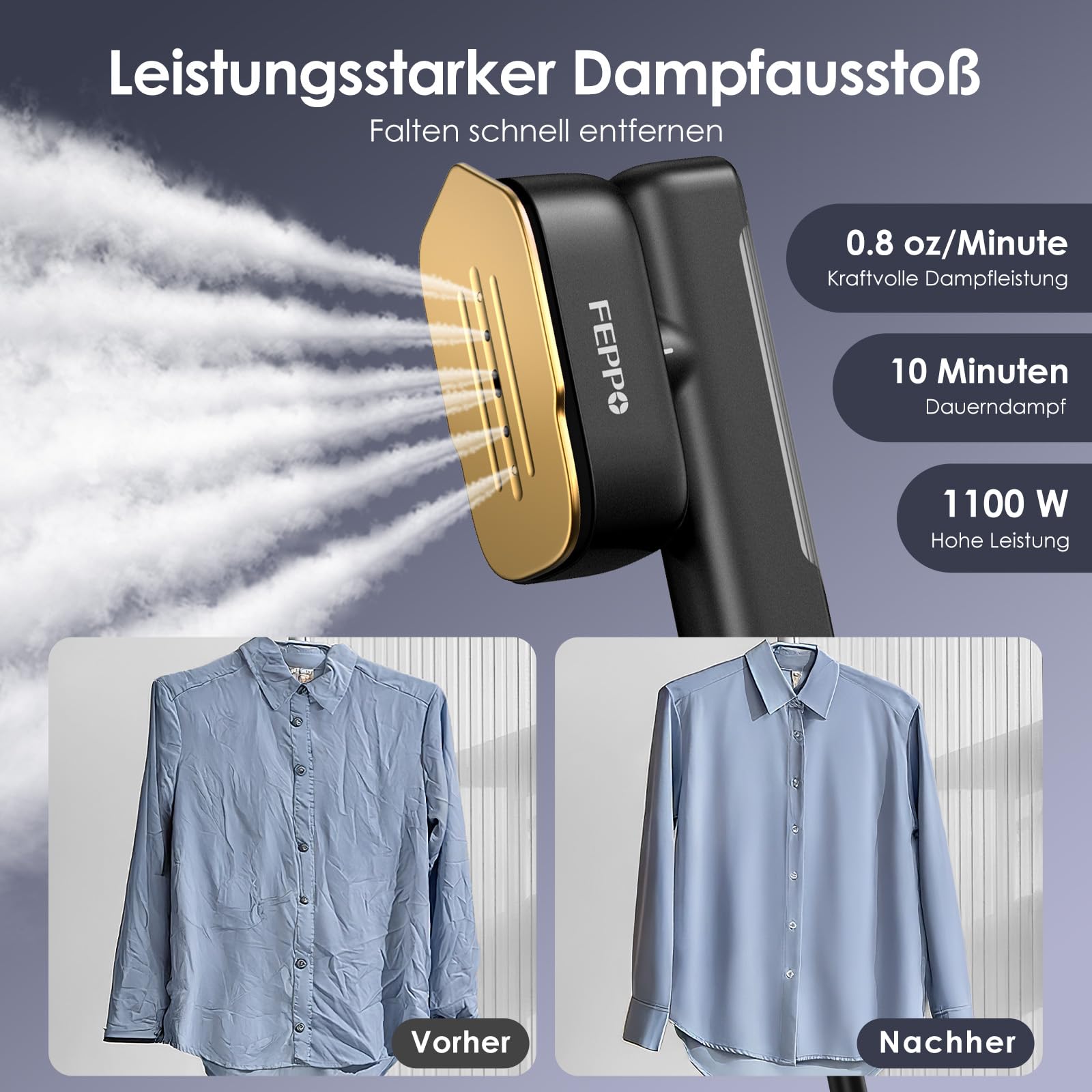 FEPPO Steamer Dampfglätter, 110-240V Dual Voltage Reise Dampfglätter, 2 in1 Tragbarer Handheld Steamer &Dampfbügeleisen, 15s Schnellaufheizung, 1100W Dampfbürste für Globale Reise &Urlaub