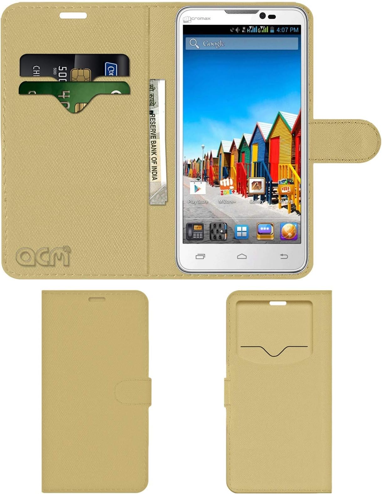 Acm Leather Window Flip Wallet Front & Back Case Compatible with Micromax A111 Canvas Doodle Mobile Cover Golden