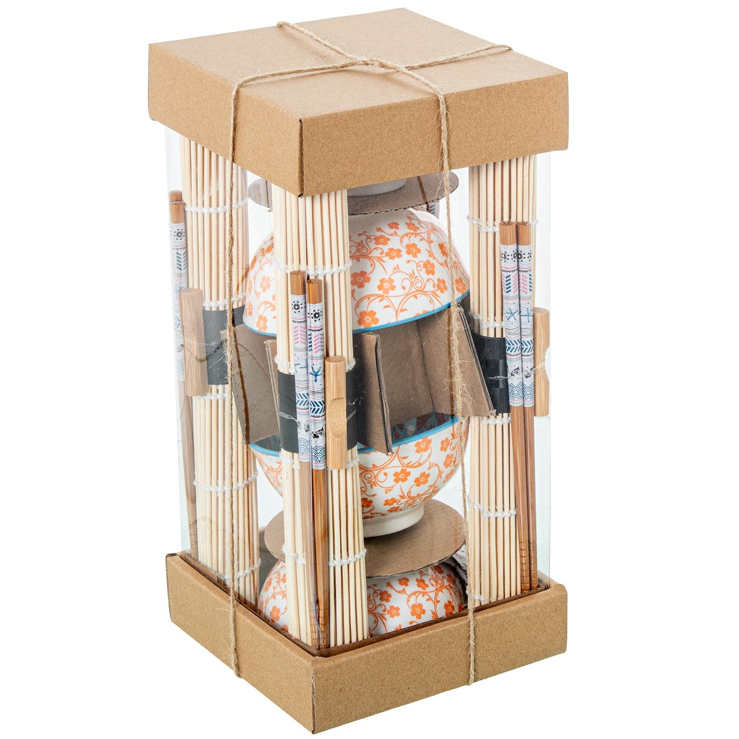 Set de sushi de 4 cuencos con palillos y salvamantel de porcelana y madera en blanco, naranja y natural 12x12x6 cm