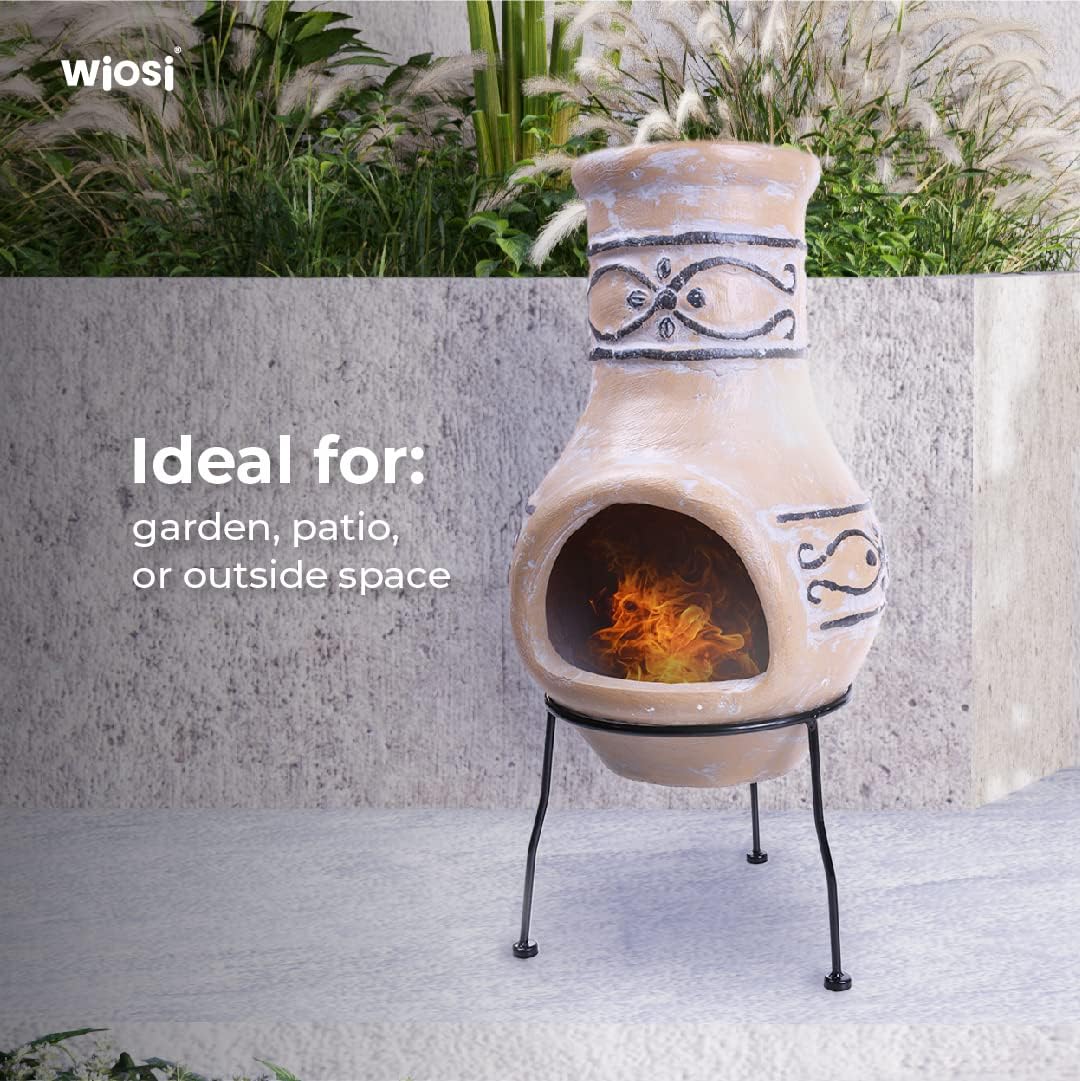 Small Chiminea Outdoor Fireplace – Wood Burning Clay Chiminea with Protective Chimney Rain Lids and Solid Metal Stands - Terracotta Chimenea for Patio, Garden – Rustic Fire Pit Chimnea Chimney : Patio, Lawn & Garden