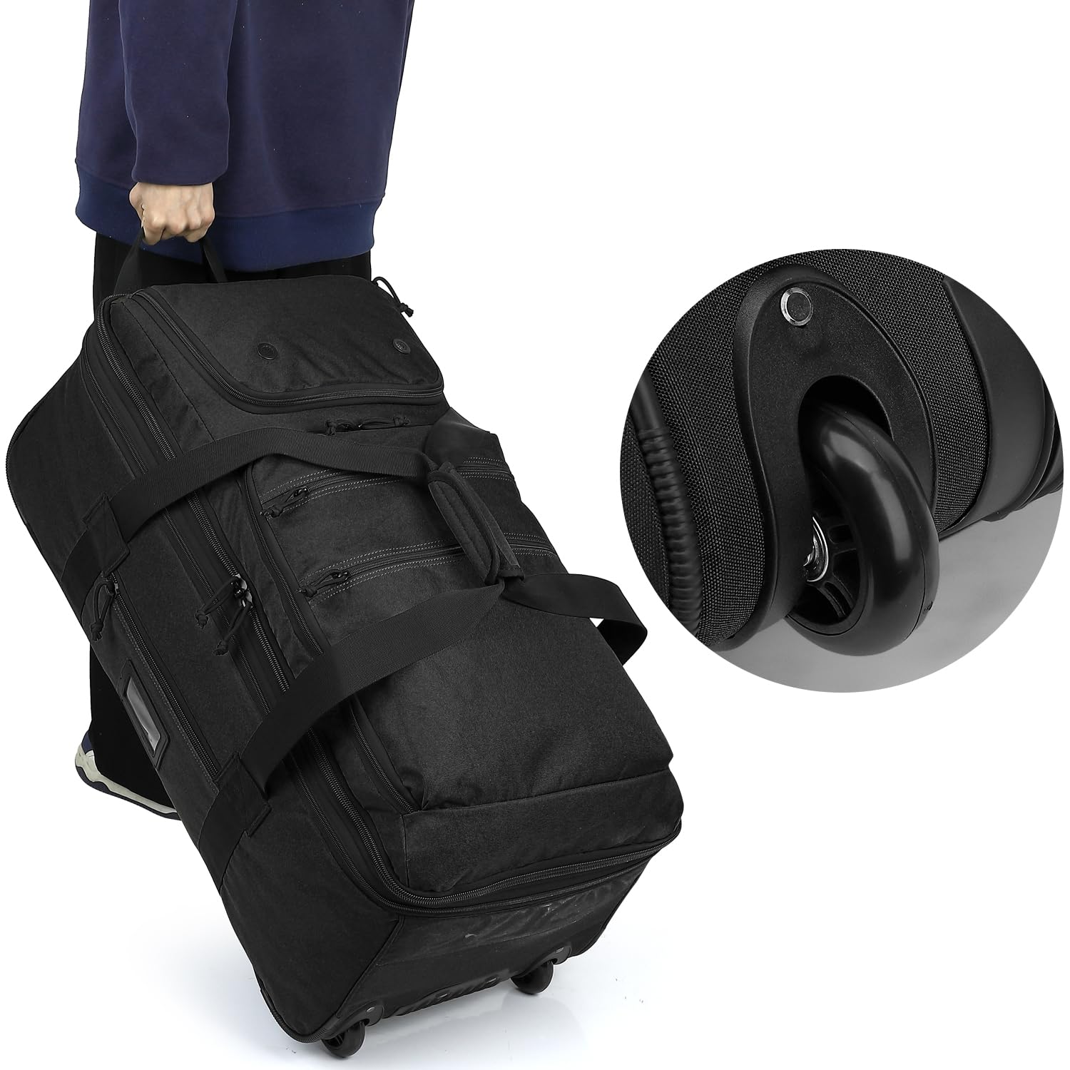 Borsone da Viaggio Pieghevole con Ruote Grande 85-100L Espandibile Borsa Sportiva Uomo Valigia con Ruote XL per Campeggio, Nero
