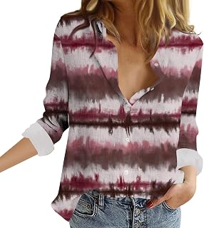 Ladies Long Sleeve Tops Womens Casual Turn-Down Collar Oversized Button Down Shirt Lightweight V Neck Tops T Shirt Stripe Basic Blouses Tee Shirts for Women UK Workout Sports Gym Tops for Women UK