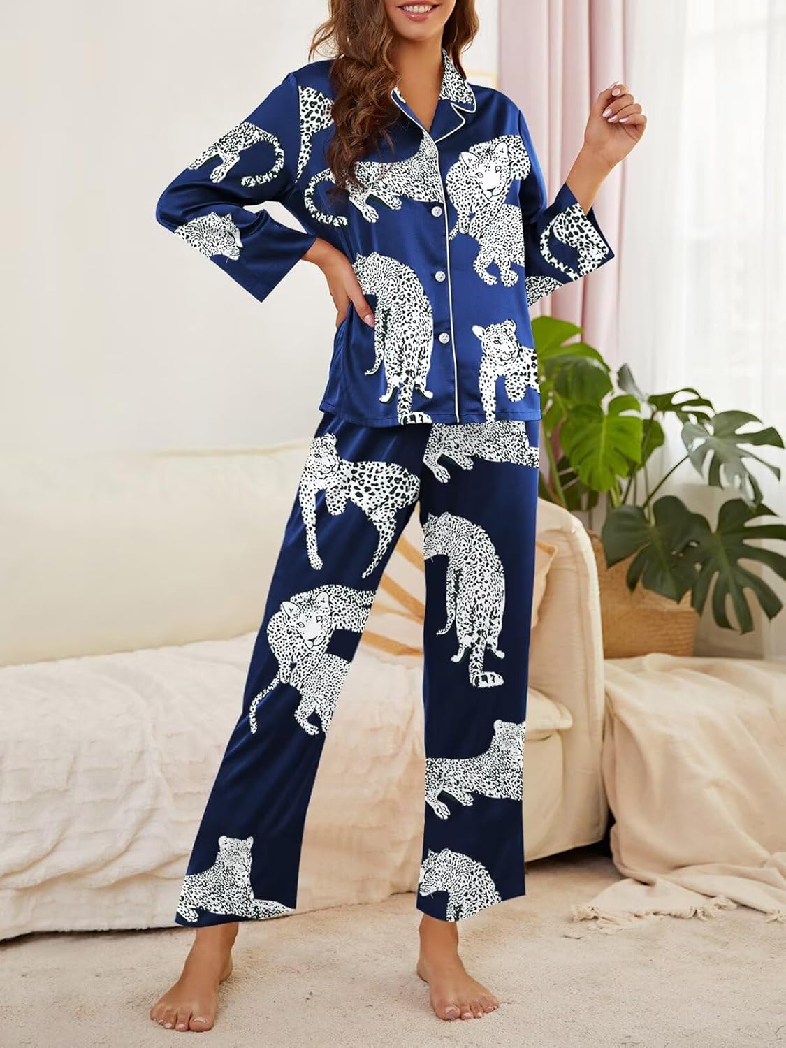 Brosloth Womens Silk Pajamas Long Sleeve Button Down Animal Print Cute Pjs Set Satin Pajama Set - Image 3