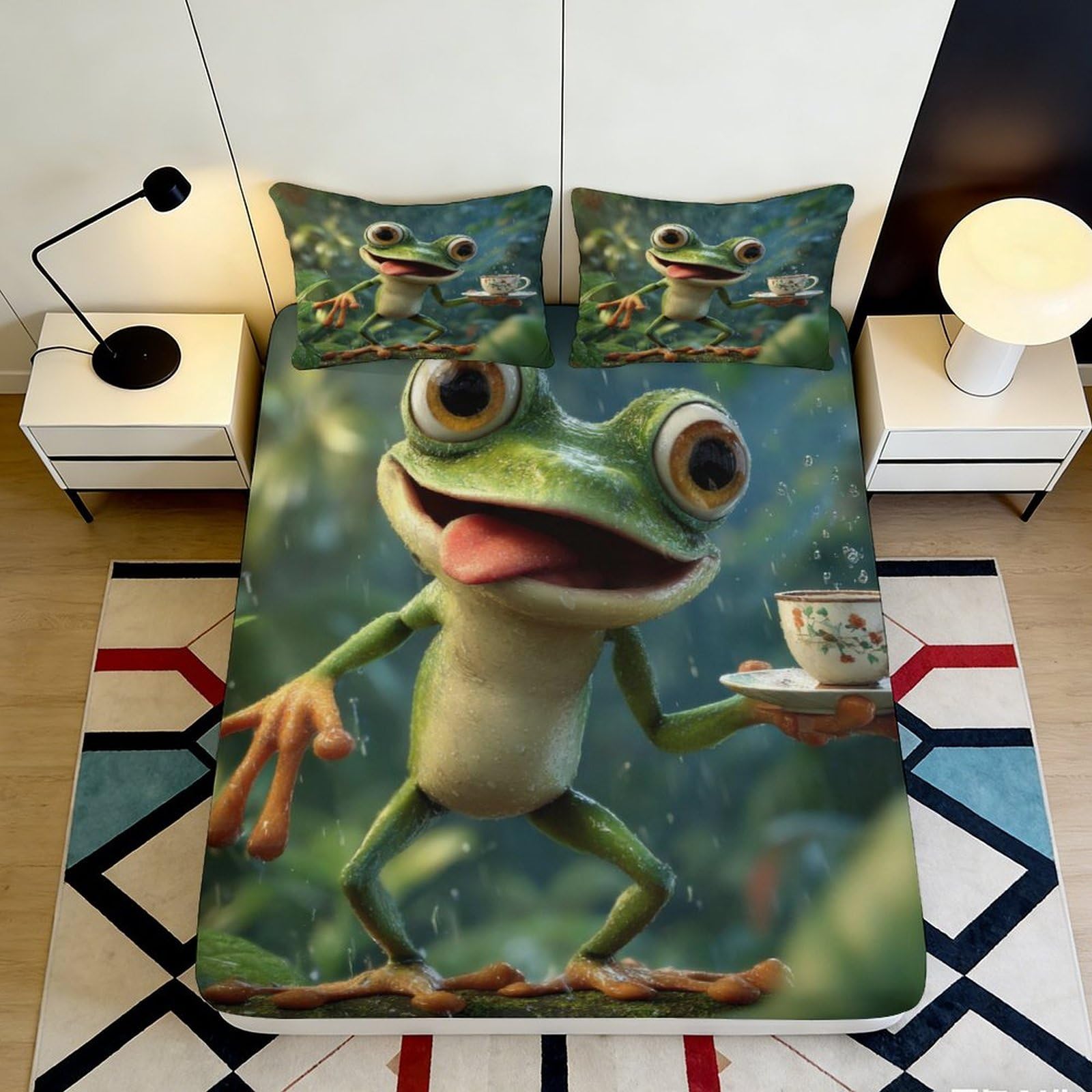 3D Printed Cartoon Frog Fitted Sheet Microfiber Soft Green Forest Bed Cover for Bedroom Dorm Mattress Protection Decor 90x200x25cm