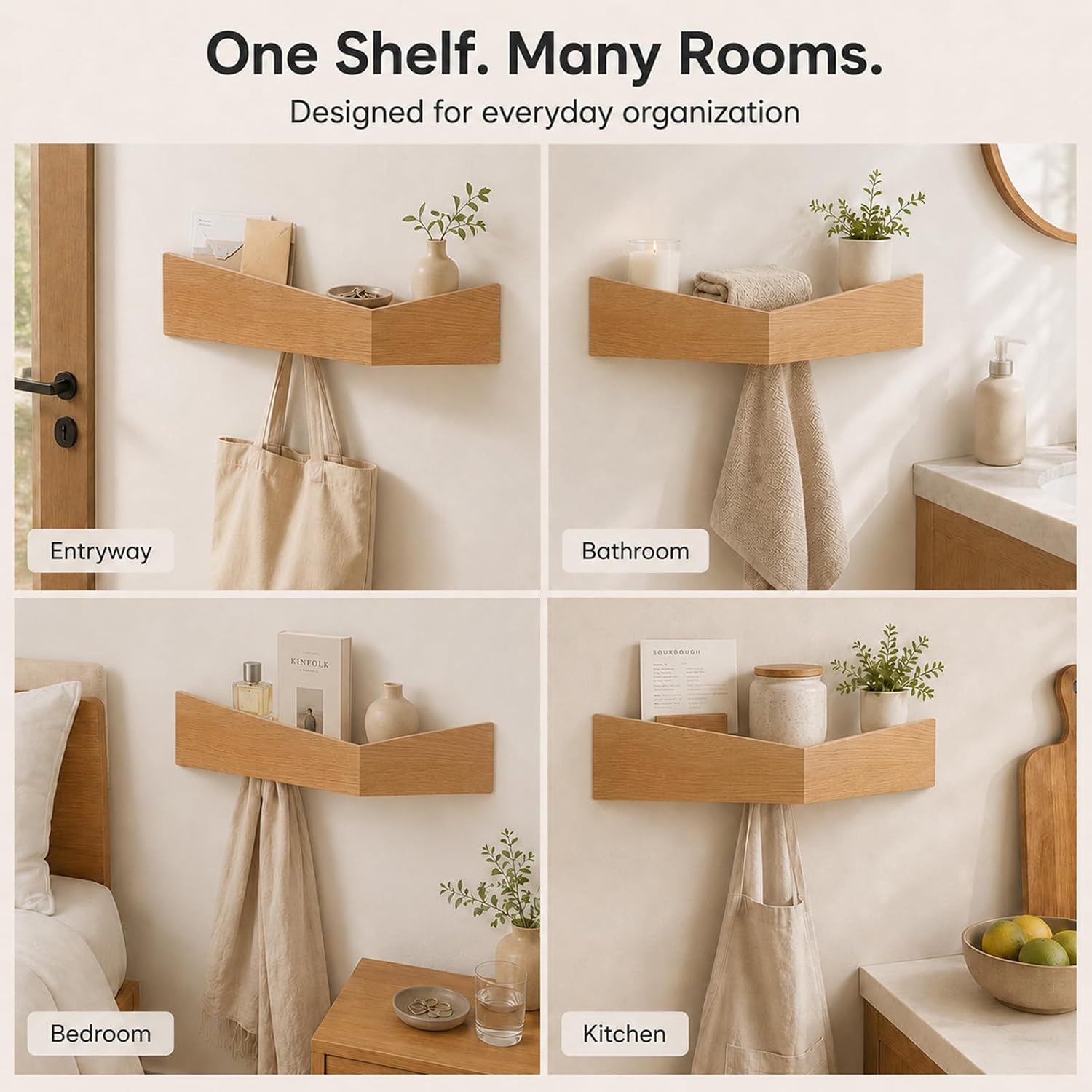 Coat Rack Wall Mount,Key Holder with Hidden Hooks Wooden Decorative Coat Hook Hat Rack Entryway Key Holder Organizer Tray Shelf for Kitchen Bathroom Towels Clothes Hanger (Oak)